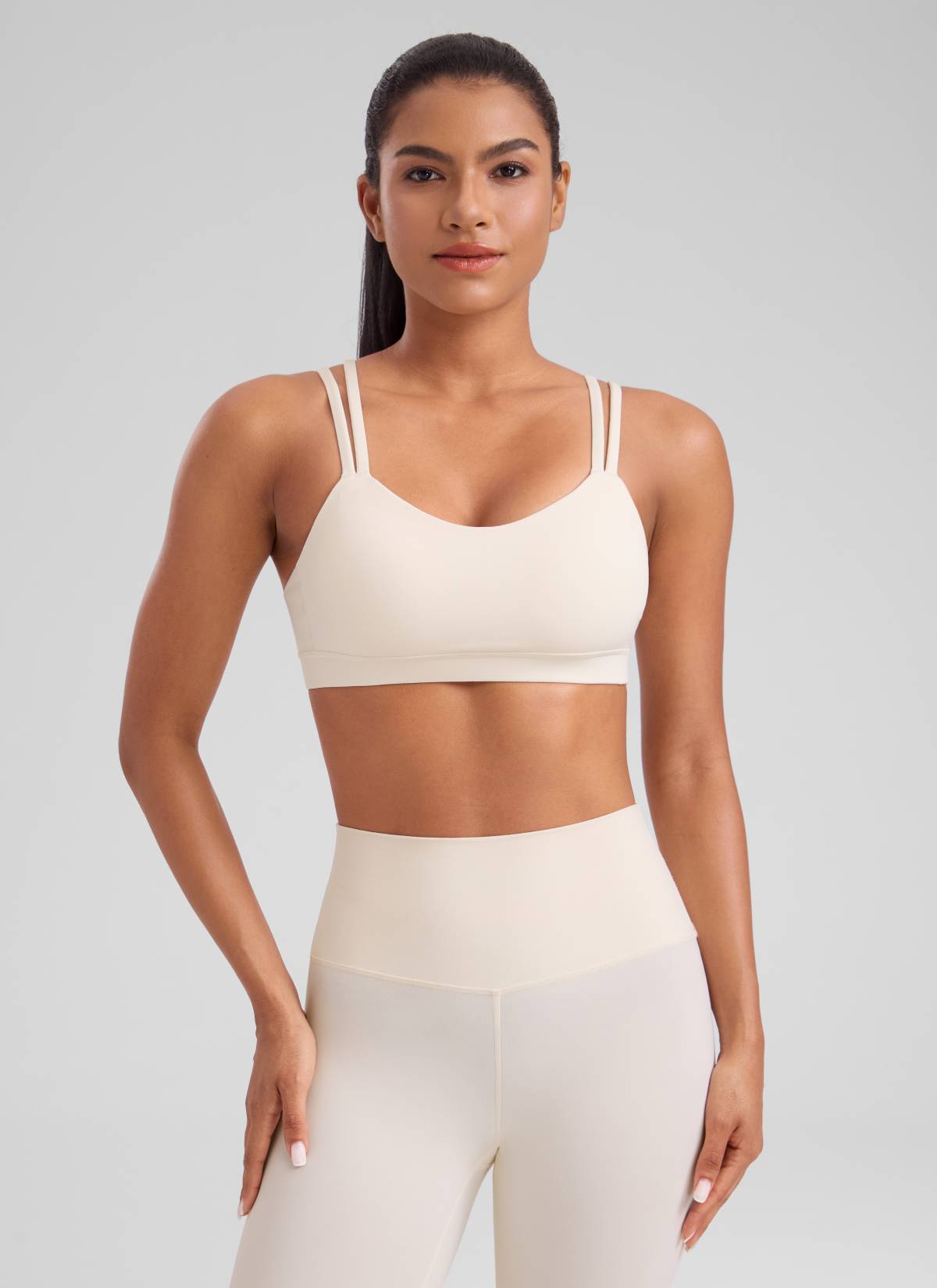 Áo Bra Thể Thao Nữ CRZ YOGA Đệm Ngực Đúc Liền Butterluxe Dây Mảnh Cổ Chữ V Màu Trắng Sữa