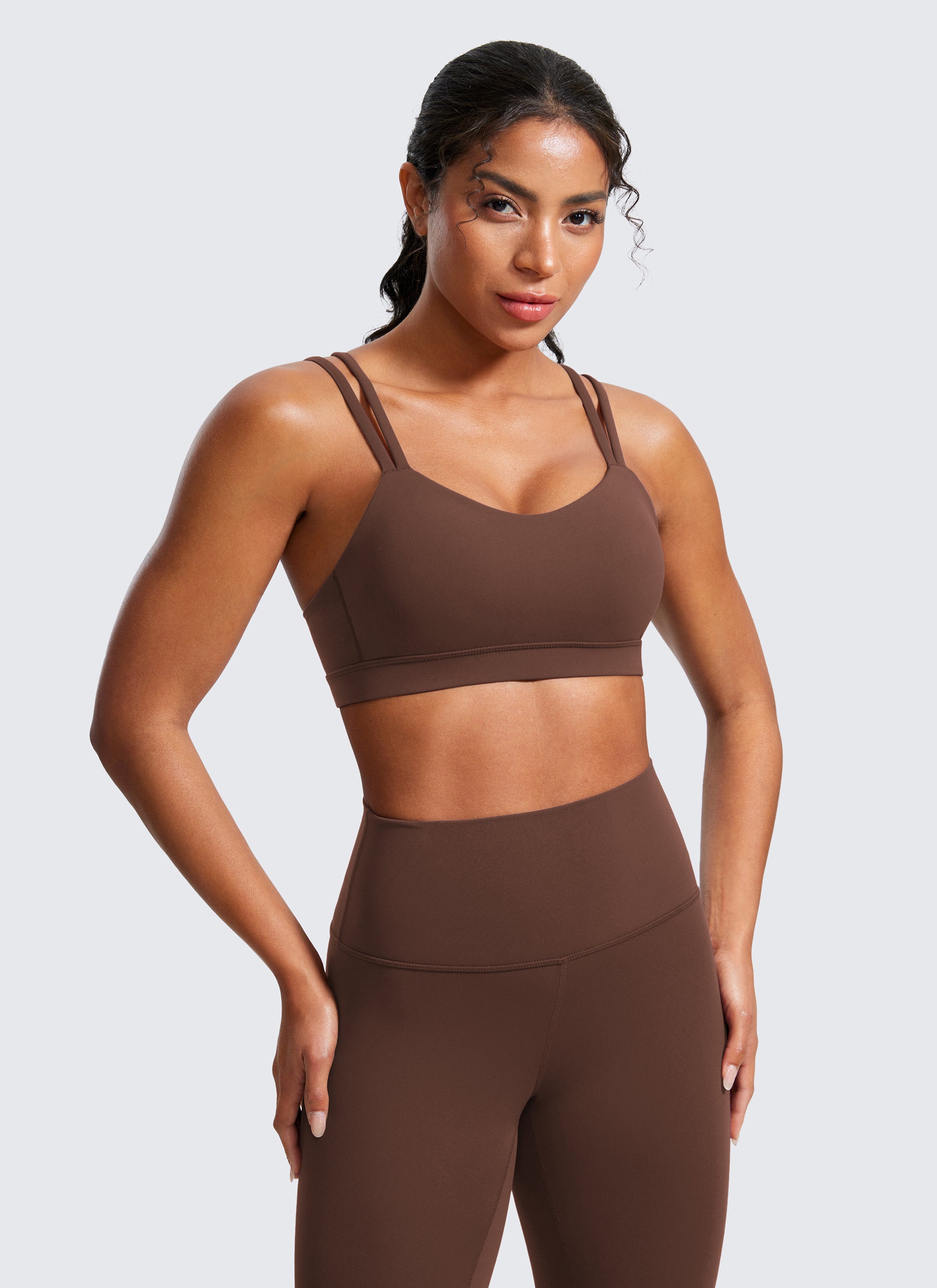 Áo Bra Thể Thao Nữ CRZ YOGA Đệm Ngực Đúc Liền Butterluxe Dây Mảnh Cổ Chữ V Màu Nâu Cà Phê