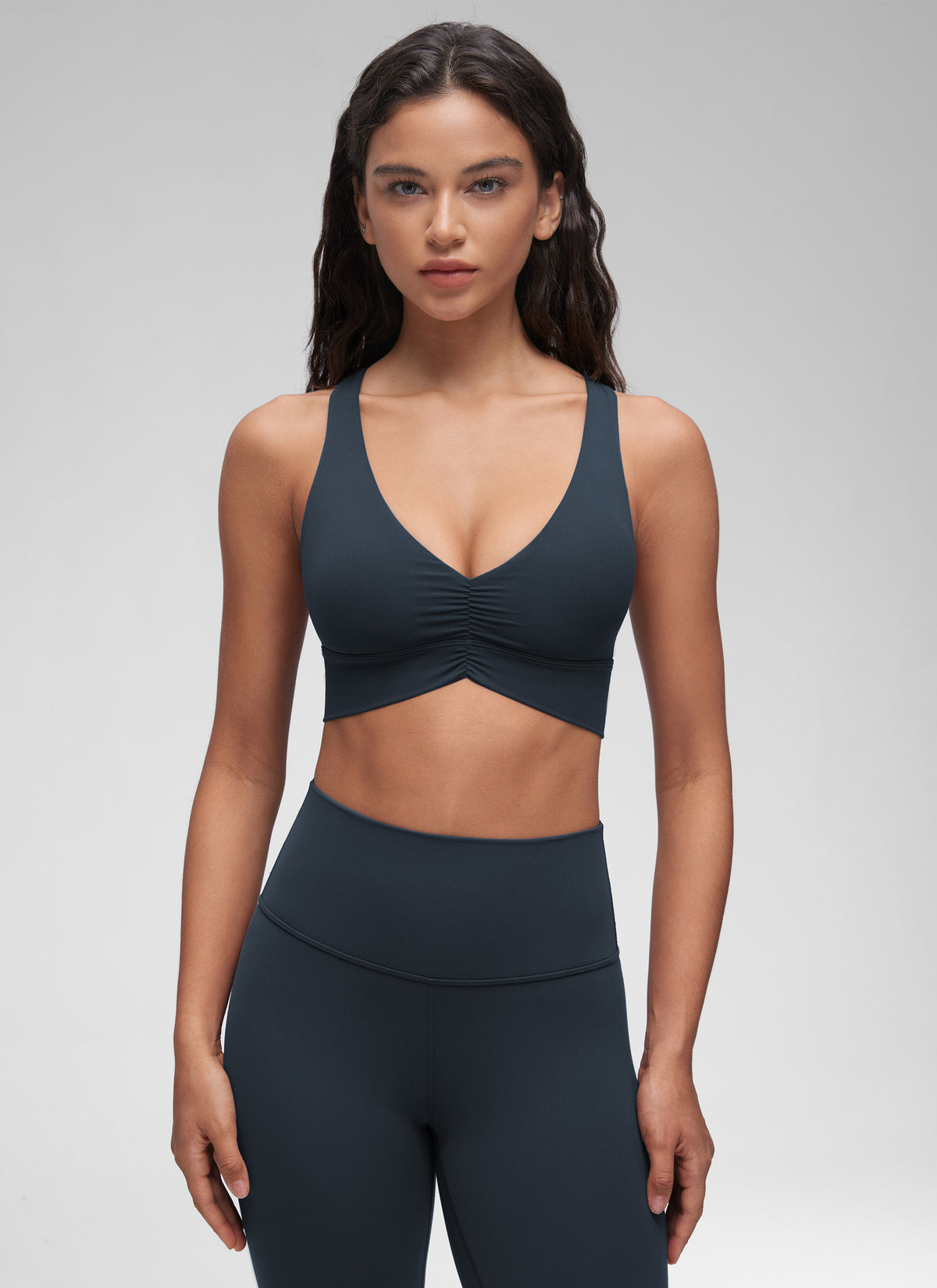 CRZ YOGA Women's Light Support Butterluxe Yoga Bra Ruched V Neck True Navy @model_info:Winma