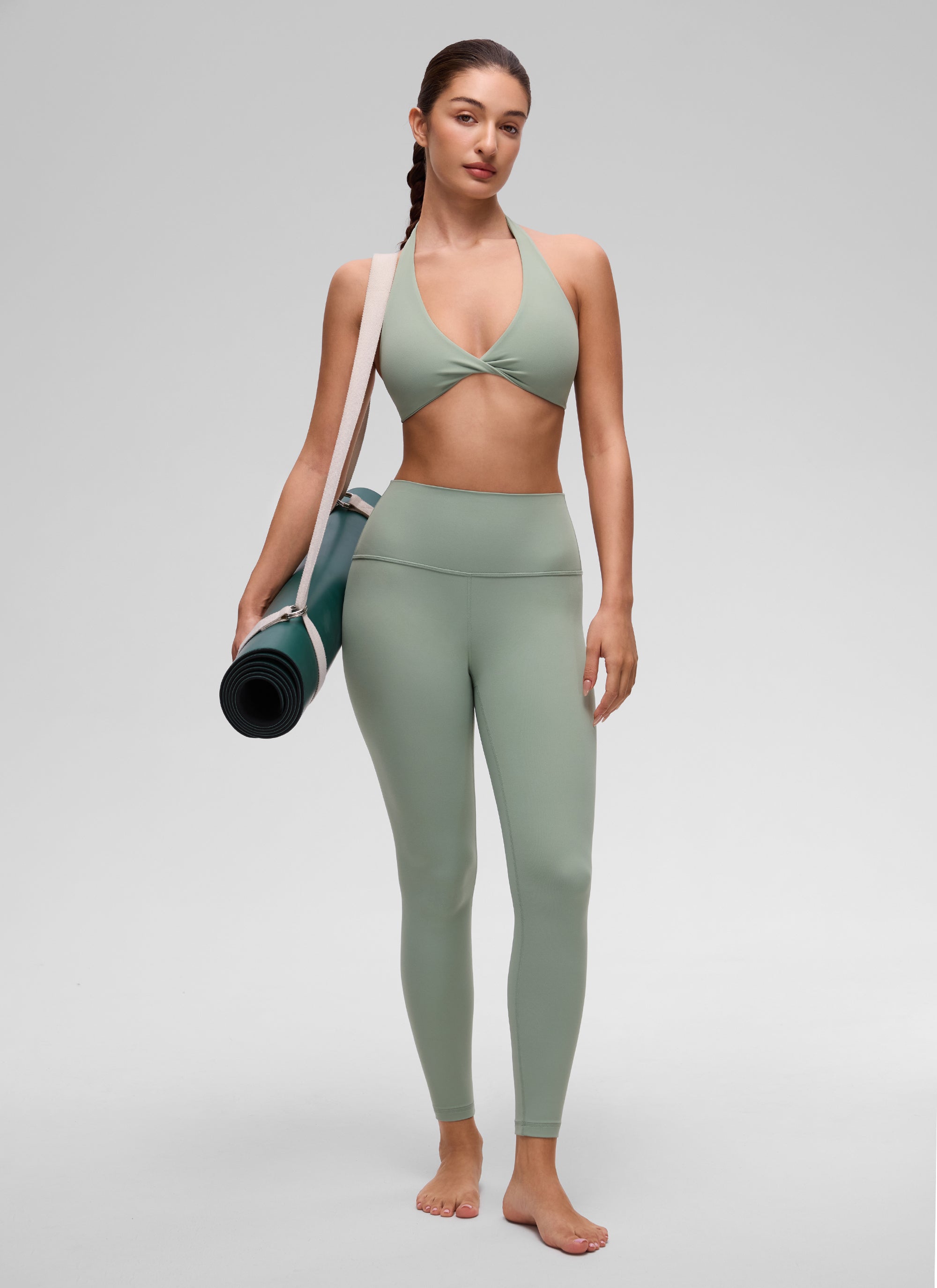 CRZ YOGA Women's Butterluxe Yoga V Neck Crop Double Lined Sports Bra Green Palm Court @model_info:Inga