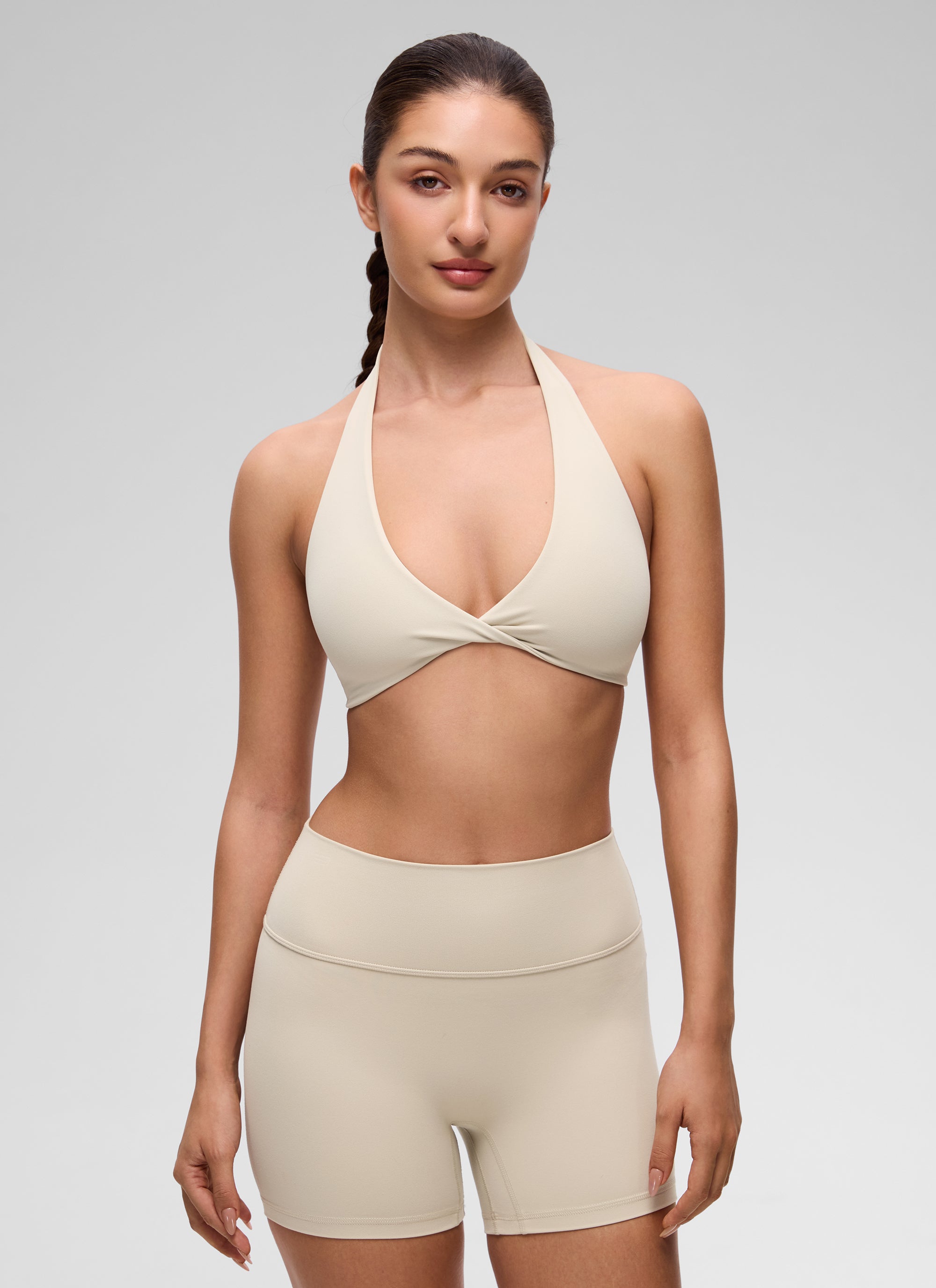 CRZ YOGA Wanita Butterluxe Bra Sukan Berlapis Dua Potongan Leher V Yoga Warna Coklat Mojave