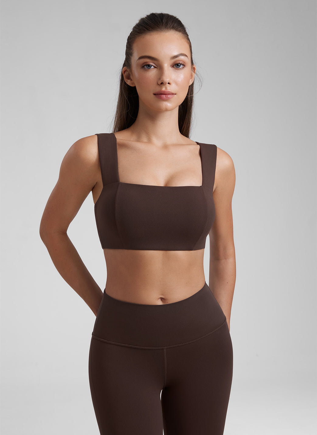 CRZ YOGA Butterluxe Womens Square Neck Open Back Wide straps Sports Bras Hot Fudge Brown @model_info:Kate