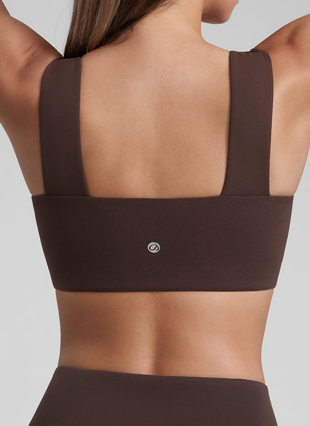 CRZ YOGA Butterluxe Womens Square Neck Open Back Wide straps Sports Bras Hot Fudge Brown @model_info:Kate