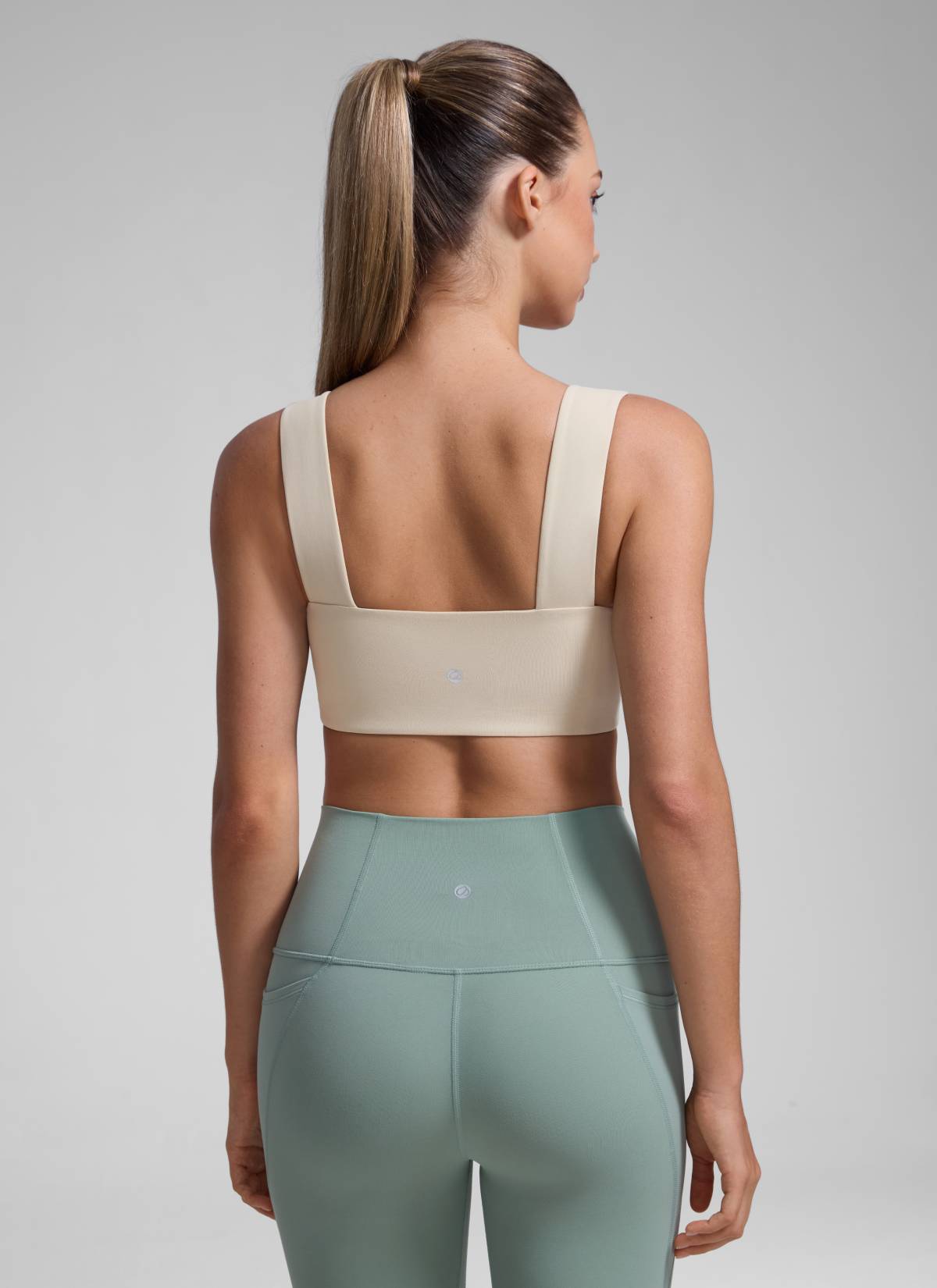 CRZ YOGA Butterluxe Womens Square Neck Open Back Wide straps Sports Bras Mojave Tan @model_info:Kate