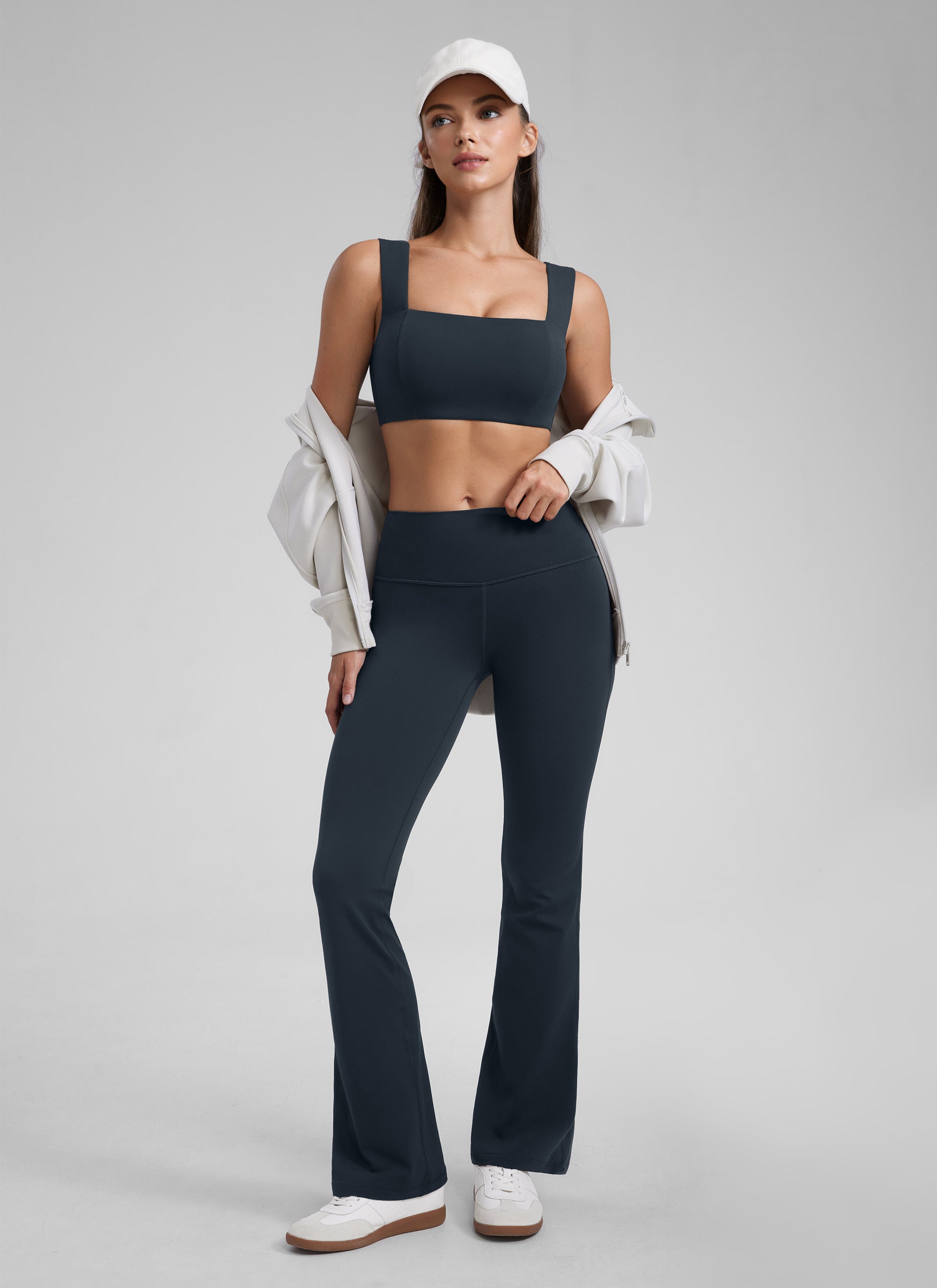 CRZ YOGA Butterluxe Womens Square Neck Open Back Wide straps Sports Bras True Navy @model_info:Kate