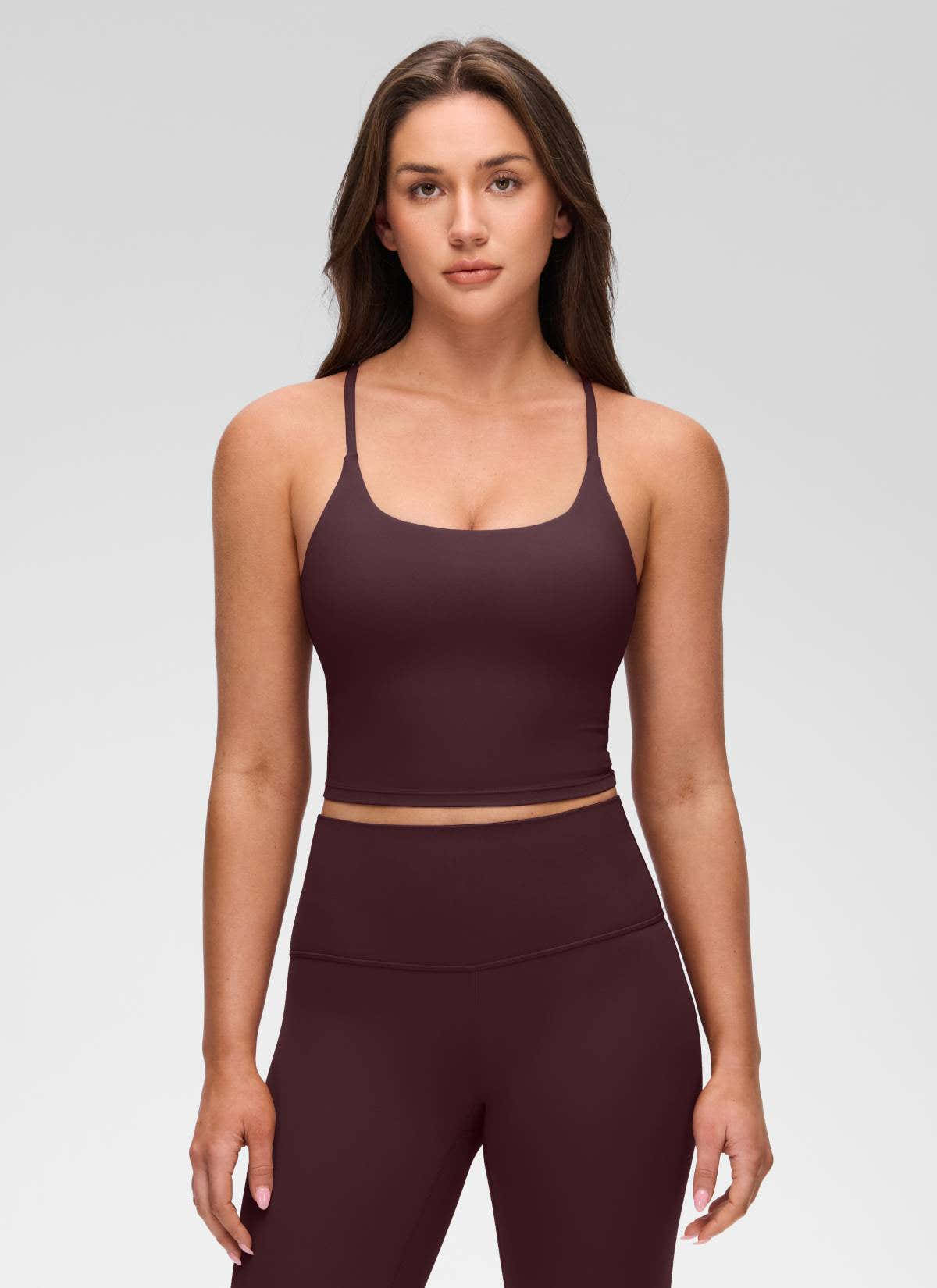 CRZ YOGA Women's Butterluxe U Neck Twist Cross Back Built in Bra Tank Ripe Plum @model_info:Brooklyn