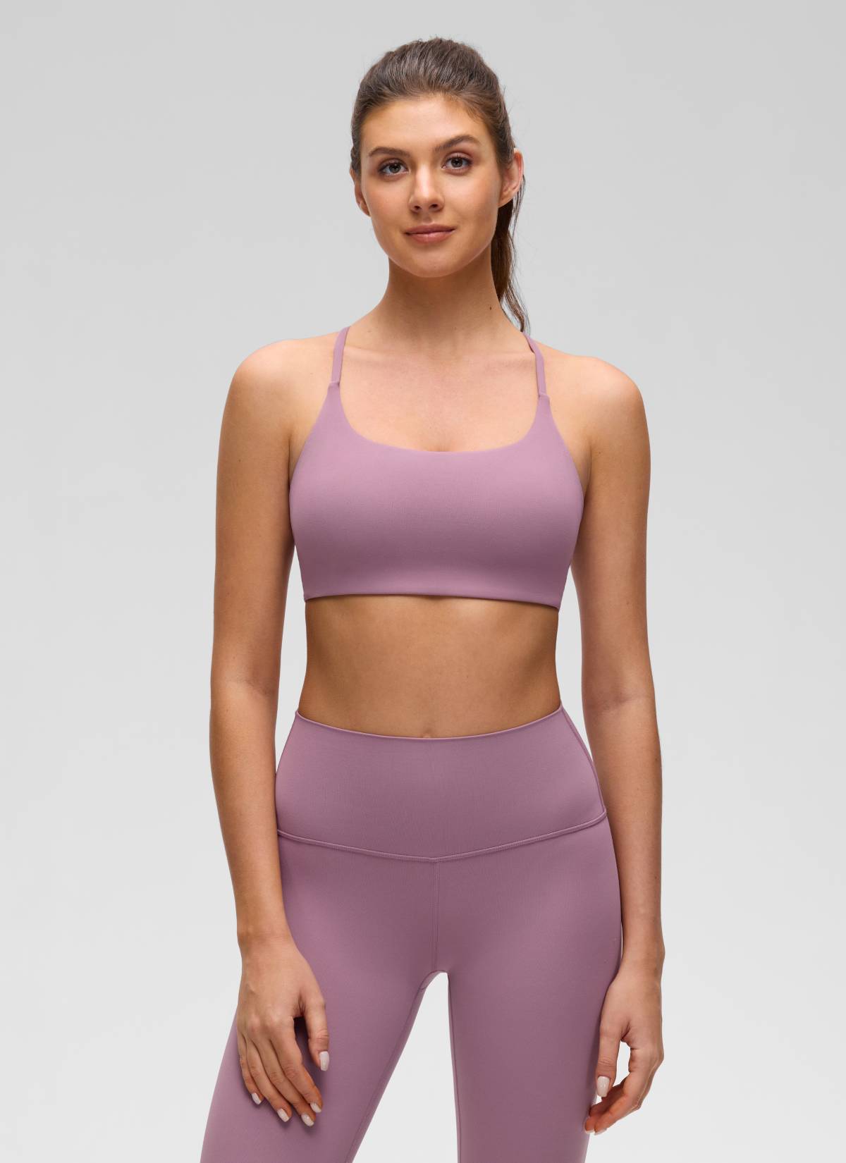Butterluxe Áo lót thể thao CRZ YOGA dành cho nữ, kiểu cổ tròn, thiết kế xoắn lưng chéo, màu tím nhạt