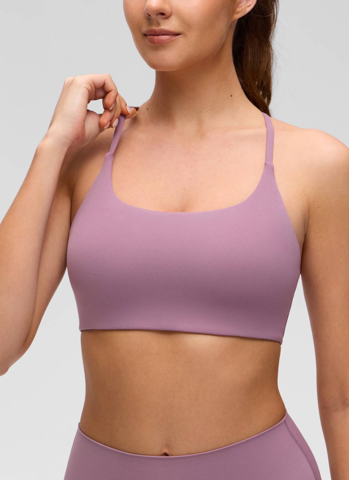 Butterluxe Áo lót thể thao CRZ YOGA dành cho nữ, kiểu cổ tròn, thiết kế xoắn lưng chéo, màu tím nhạt
