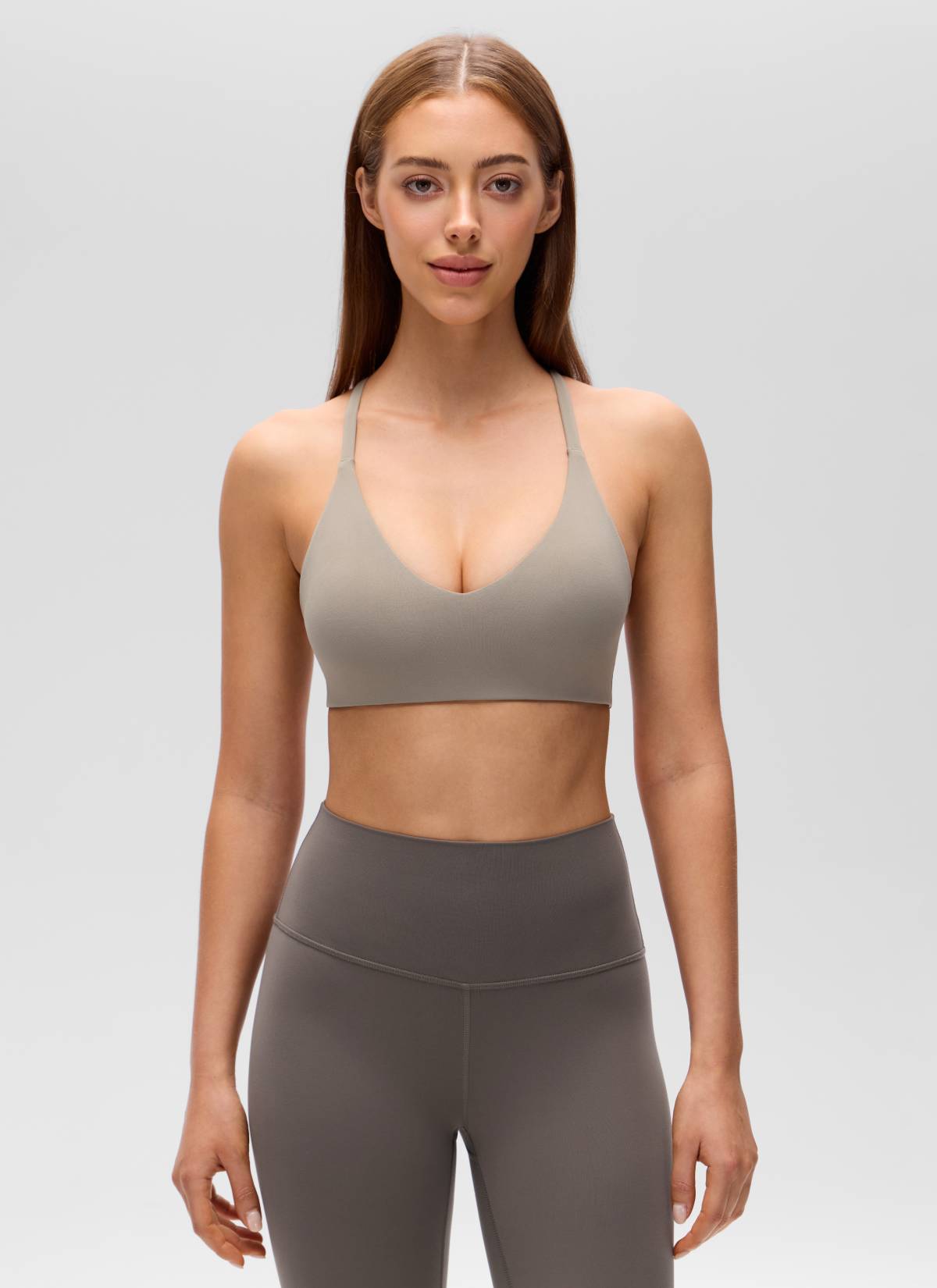 Áo lót thể thao CRZ YOGA dành cho nữ, kiểu cổ chữ V, lưng khoét sâu, dây mảnh, chất liệu vải " Butterluxe ", màu xám tro ấm