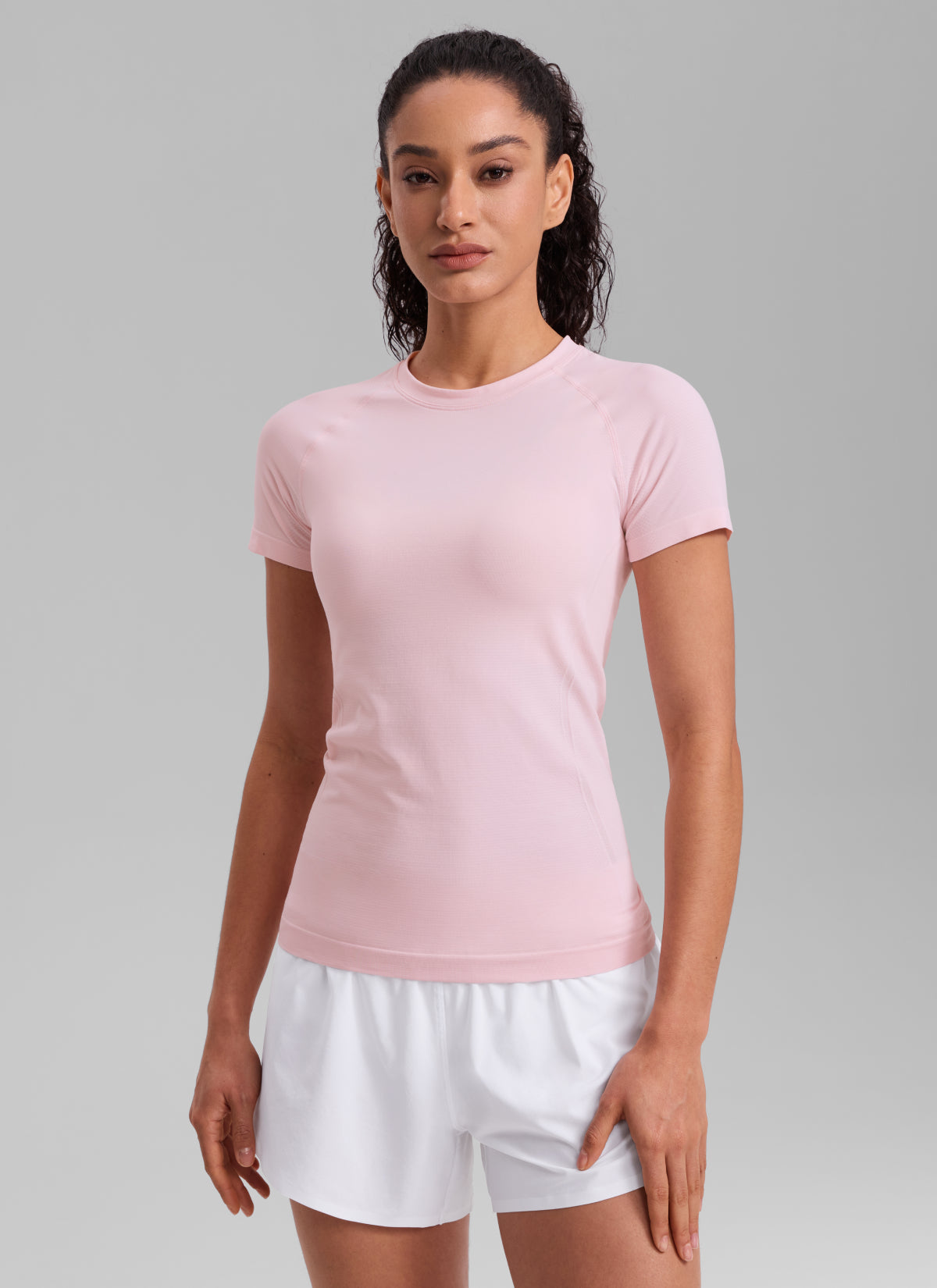 CRZ YOGA Women's Running Classic Fit Shirts Seamless Short Sleeves Strawberry Pink
