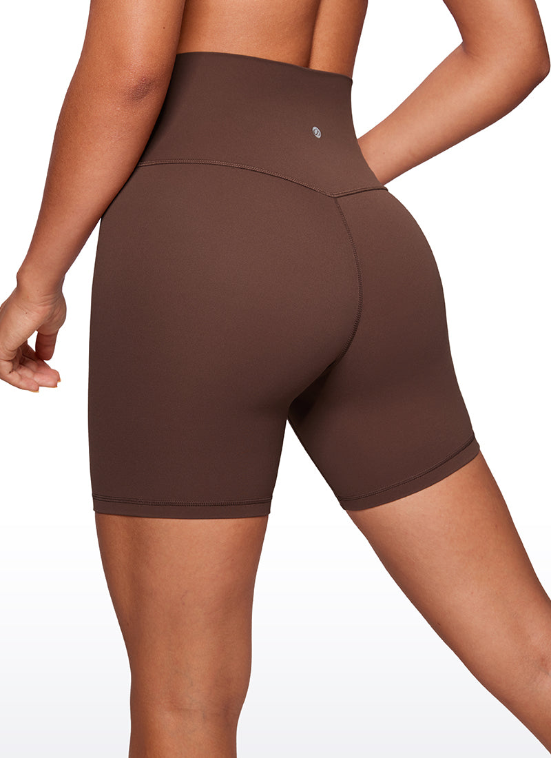 CRZ YOGA Women's Yoga High Rise Biker Shorts Butterluxe Shorts 6'' Coffee Brown @model_info:Joyce