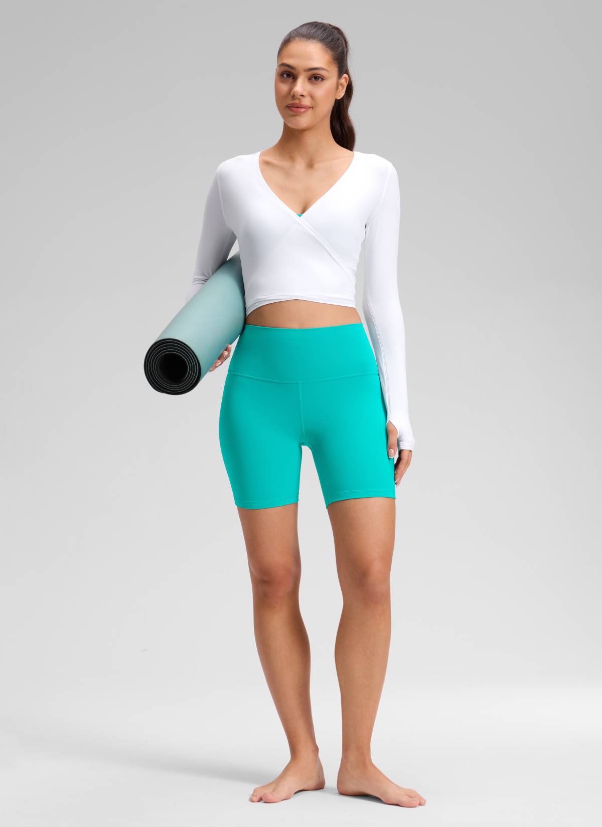 CRZ YOGA Celana Yoga Wanita Celana Pendek Biker Pinggang Tinggi Butterluxe 15 cm Teal Tropis