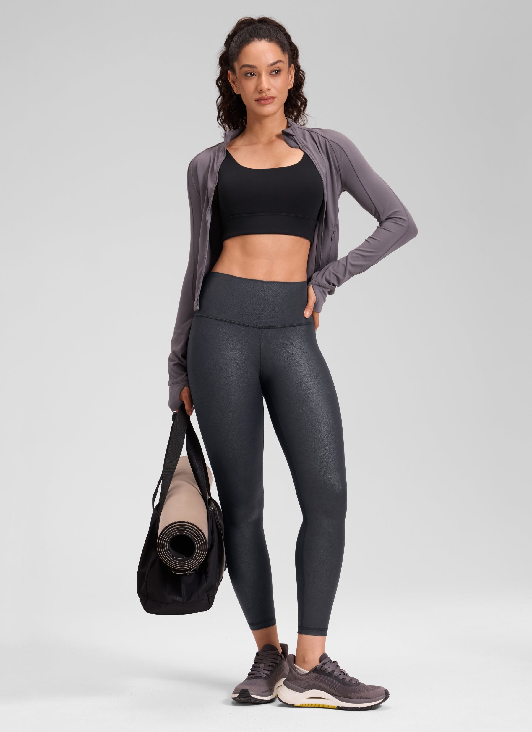 Seluar Legging Kulit Tiruan Matte Butterluxe Wanita CRZ YOGA 64 cm Corak Kerajang Kelabu Misteri