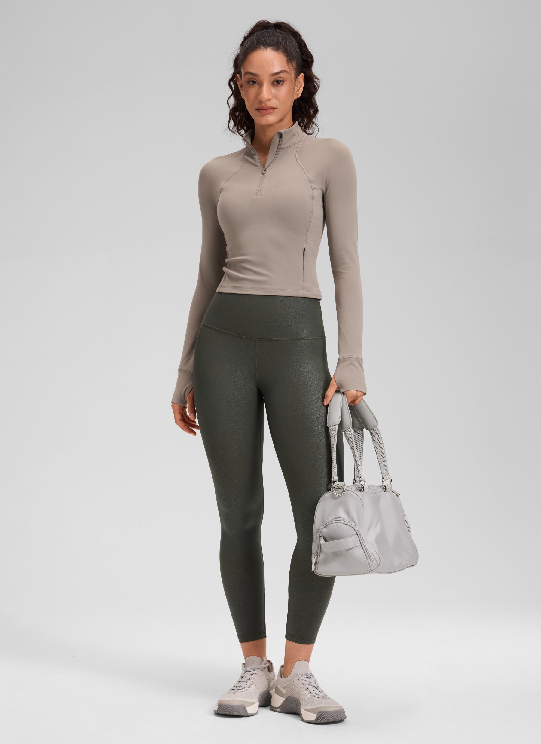 Seluar Legging Kulit Tiruan Matte Butterluxe Wanita CRZ YOGA 64 cm Corak Kerajang Hijau Zaitun