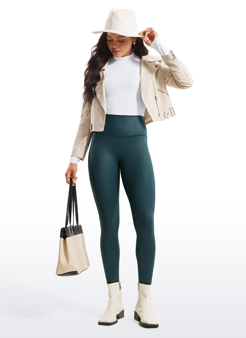 CRZ YOGA Legging Kulit Sintetis Matte untuk Wanita, Model " Butterluxe ", Panjang 25 inci, Warna Hijau Hutan Gelap dengan Motif Foil