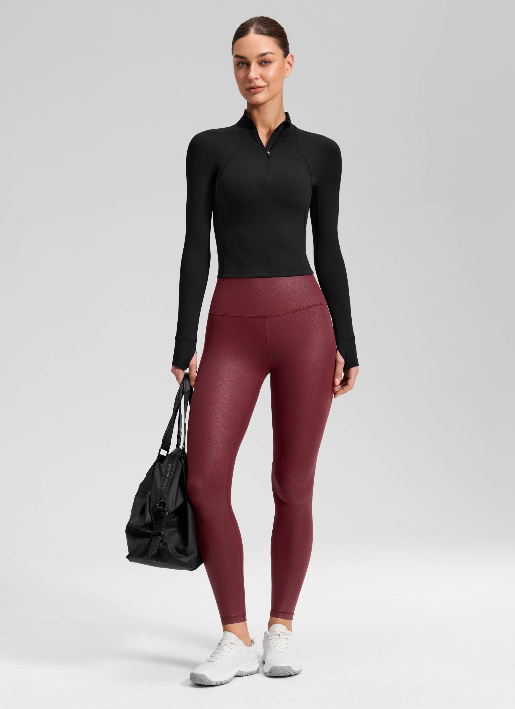 Quần legging nữ CRZ YOGA chất liệu da nhân tạo Butterluxe , cỡ 28', màu Đỏ Merlot với họa tiết lá kim loại