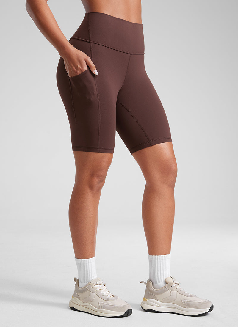 CRZ YOGA Women's Yoga High Rise Biker Butterluxe Pockets Shorts 8'' Taupe