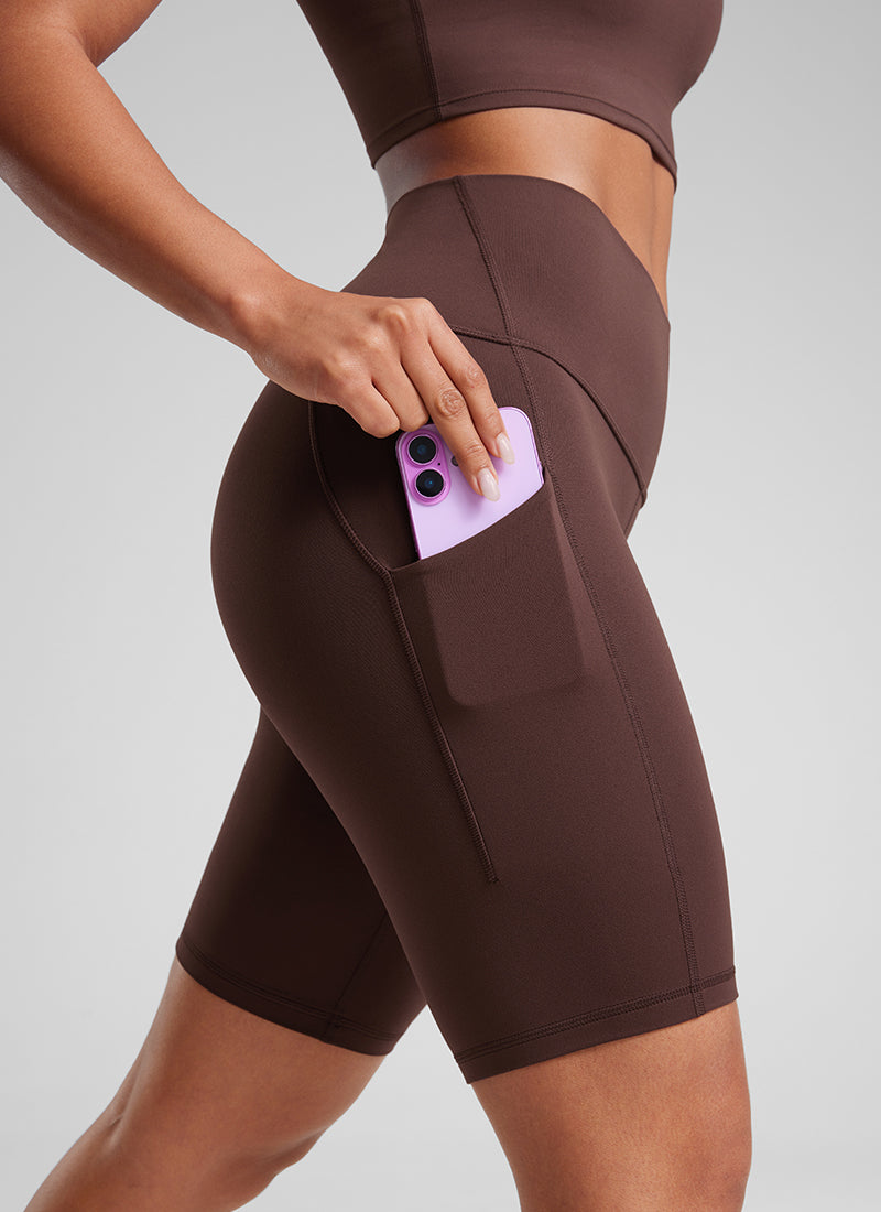 CRZ YOGA Women's Yoga High Rise Biker Butterluxe Pockets Shorts 8'' Taupe @model_info:Crystal