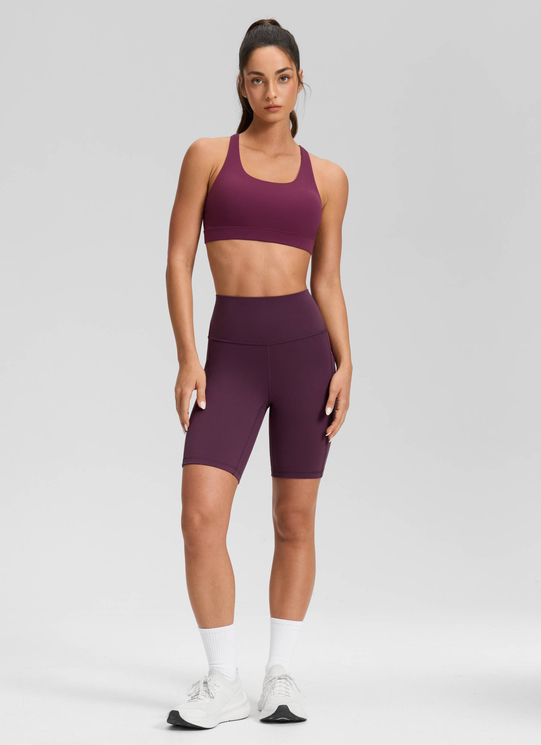 CRZ YOGA Women's Yoga High Rise Biker Butterluxe Pockets Shorts 8'' Deep Purple @model_info:Isidora