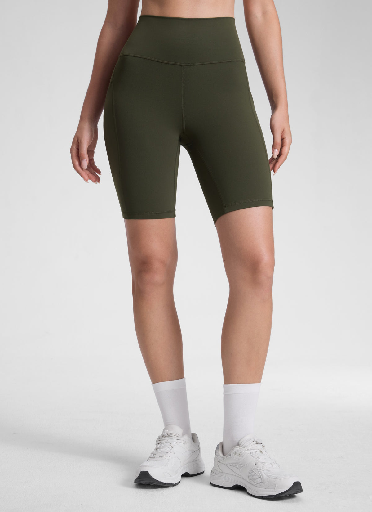 CRZ YOGA Women's Yoga High Rise Biker Butterluxe Pockets Shorts 8'' Olive Green @model_info:Malisa