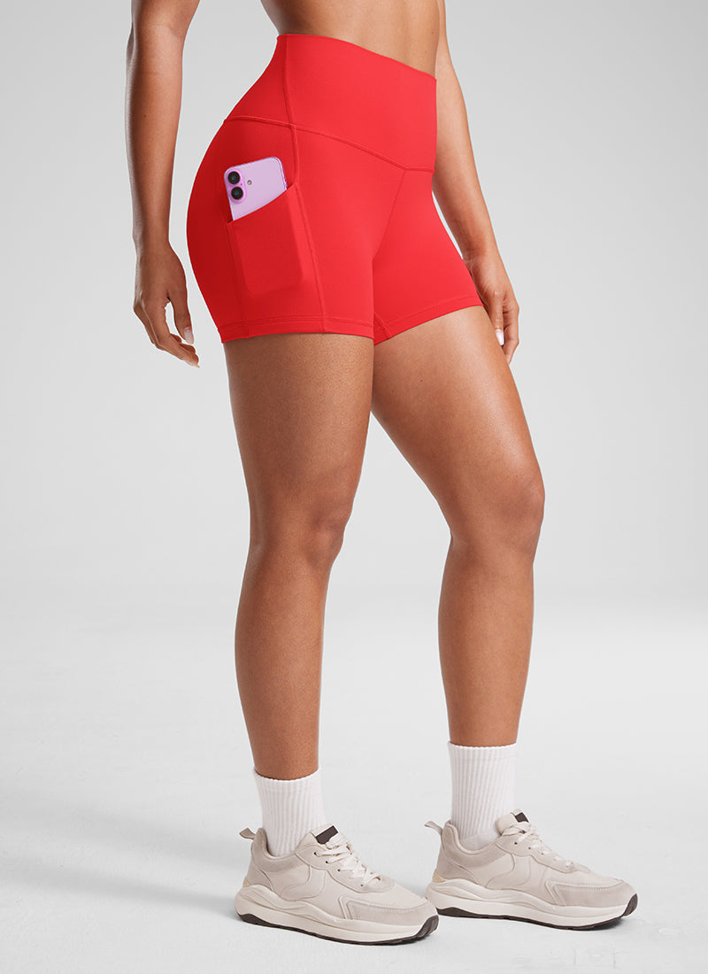 CRZ YOGA Celana Pendek Yoga Wanita Model Biker dengan Pinggang Tinggi dan Saku " Butterluxe ", Kedalaman 3 inci, Warna Merah Tua