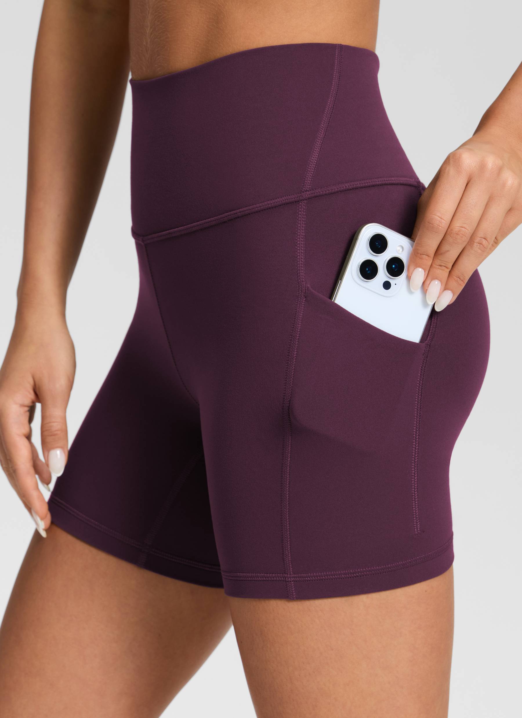 CRZ YOGA Yoga Wanita Bertingkat Tinggi Biker Butterluxe Seluar Pendek Poket 5'' Ungu Tua