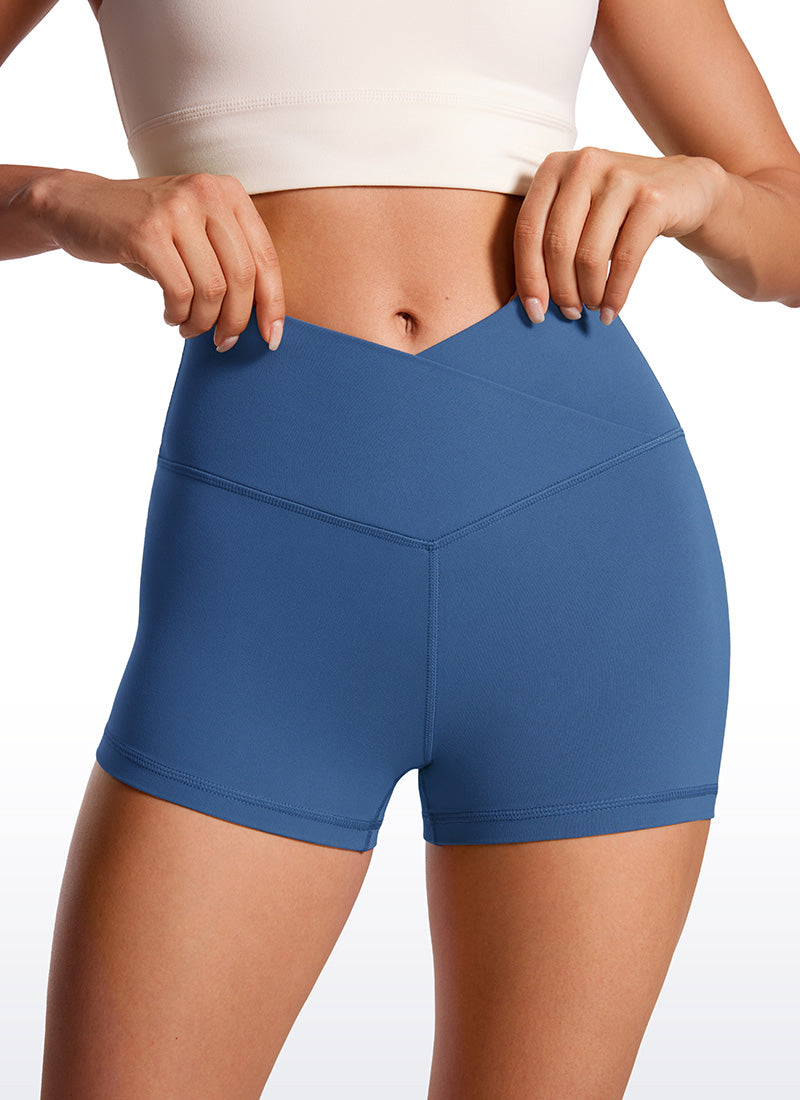 CRZ YOGA Celana Pendek Sepeda Wanita Model High Rise Butterluxe Cross Waist dengan Jarak 3'' Warna Biru