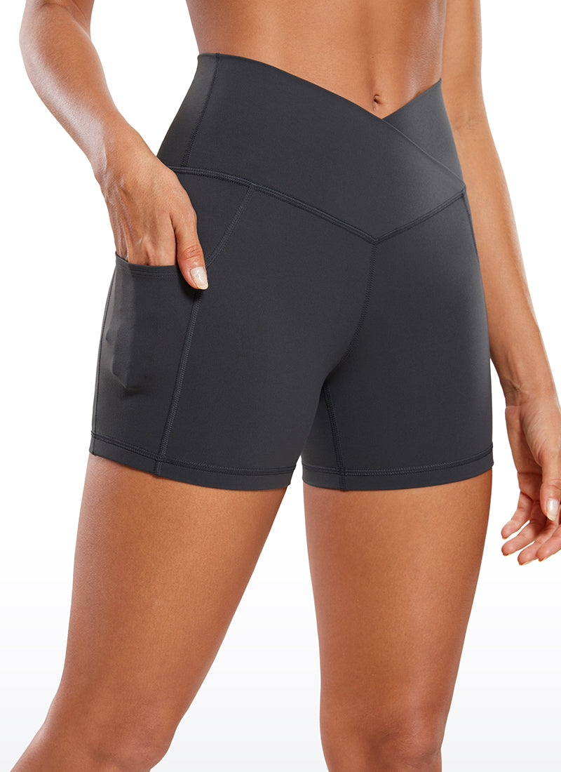 CRZ YOGA Women's High Rise Butterluxe V Cross Waist Pockets Shorts 4'' Mysterious Grey