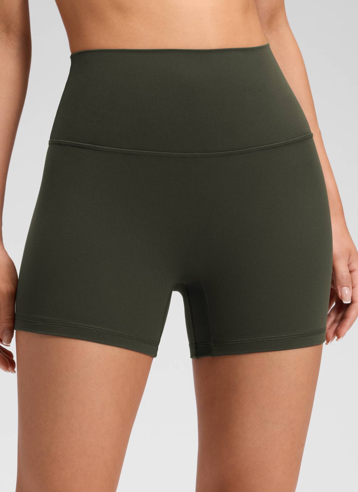 CRZ YOGA Wanita Butterluxe Seluar Pendek Yoga Tinggi Tanpa Jahitan Depan 4'' Hijau Zaitun