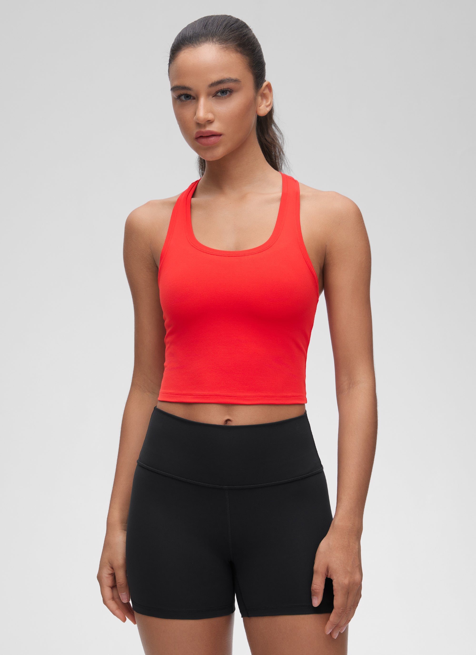 CRZ YOGA Áo thun yoga nữ kiểu cropped, cổ tròn, lưng khoét sâu, màu đỏ đậm ( Butterluxe )