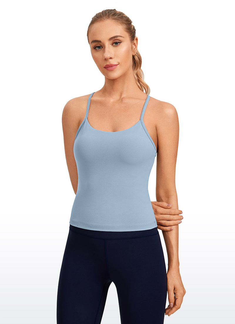 CRZ YOGA Áo thun yoga nữ dáng ôm, cổ tròn, tay ngắn ( Butterluxe ), có áo lót tích hợp, cổ chữ Y, lưng khoét, chất liệu vải cambric màu xanh dương