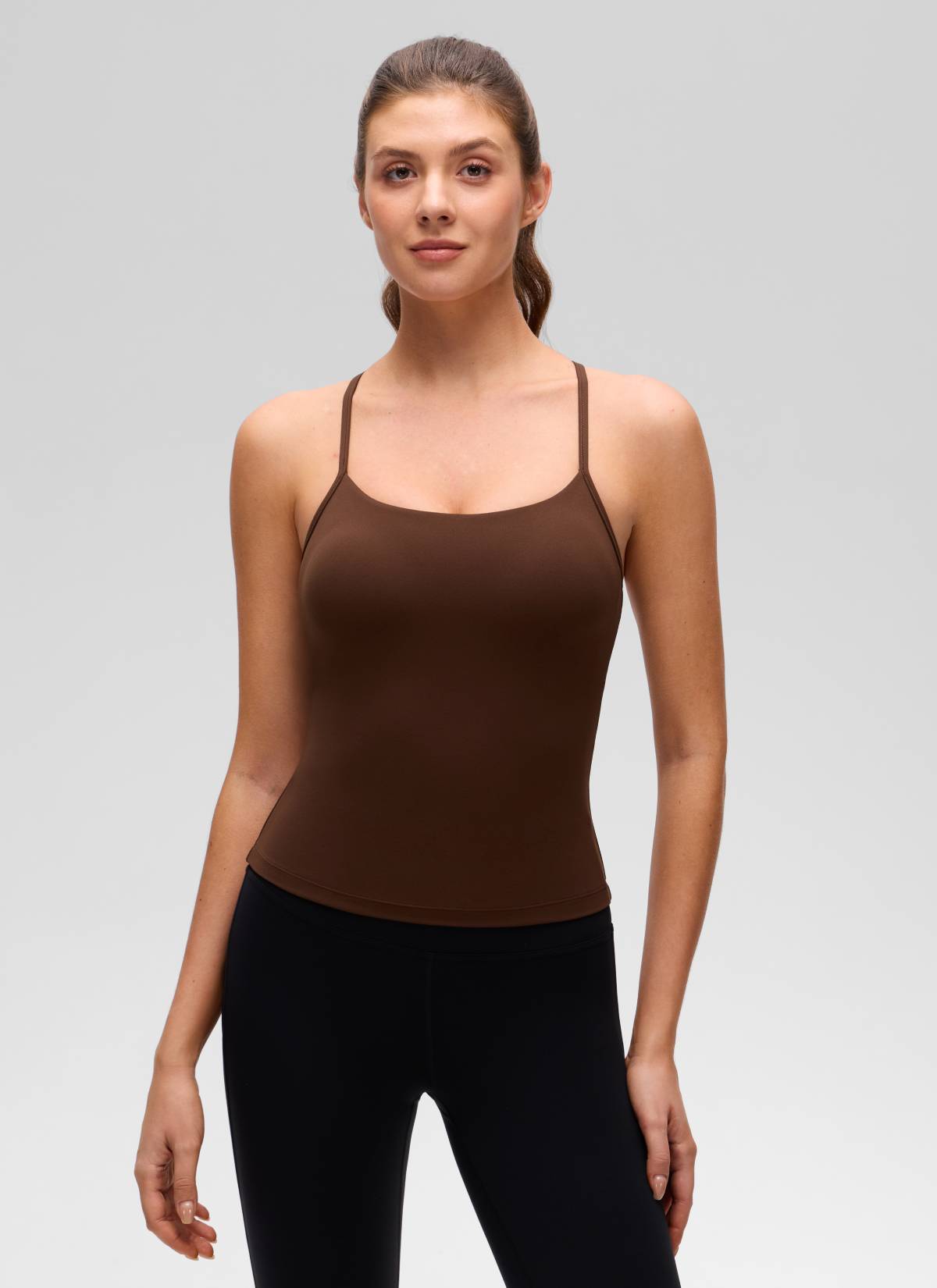 CRZ YOGA Women's Yoga Slim Fit Butterluxe Built-in Bra Tank Y Back Lava Brown @model_info:Gelya