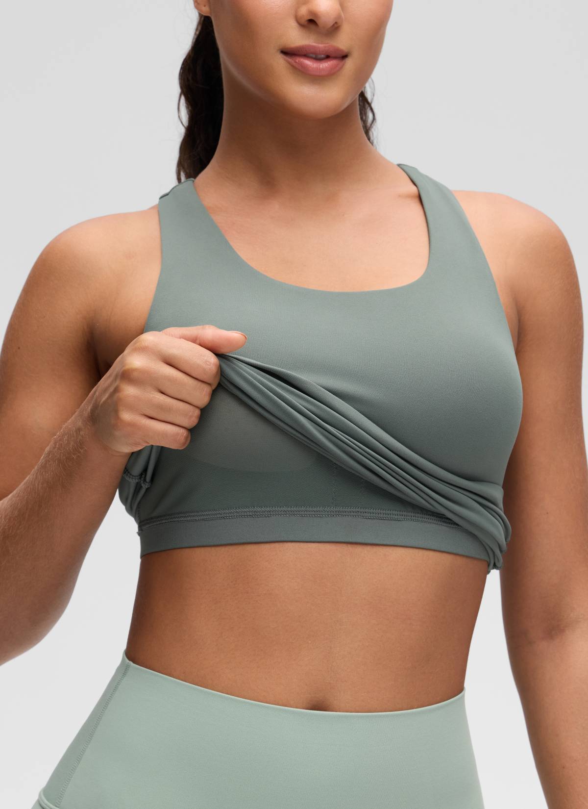 CRZ YOGA Women's Yoga Tight Fit Tops Butterluxe Built-in Bra Tank Grey Sage @model_info:Carol
