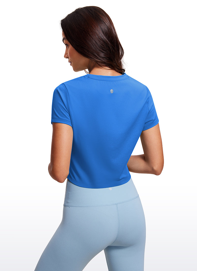 CRZ YOGA Women's Yoga Classic Fit Top Butterluxe Cropped Short Sleeves Sparkle Blue