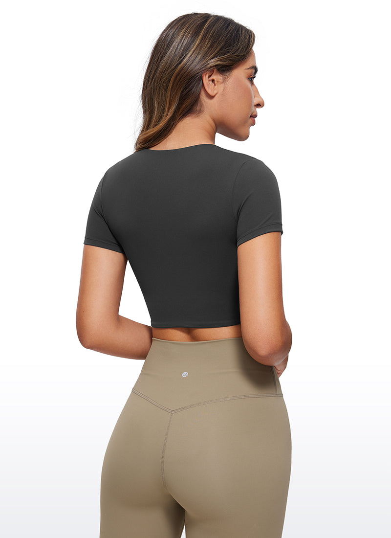 CRZ YOGA レディース ヨガ タイトフィット Butterluxe クロップド半袖 ブラック