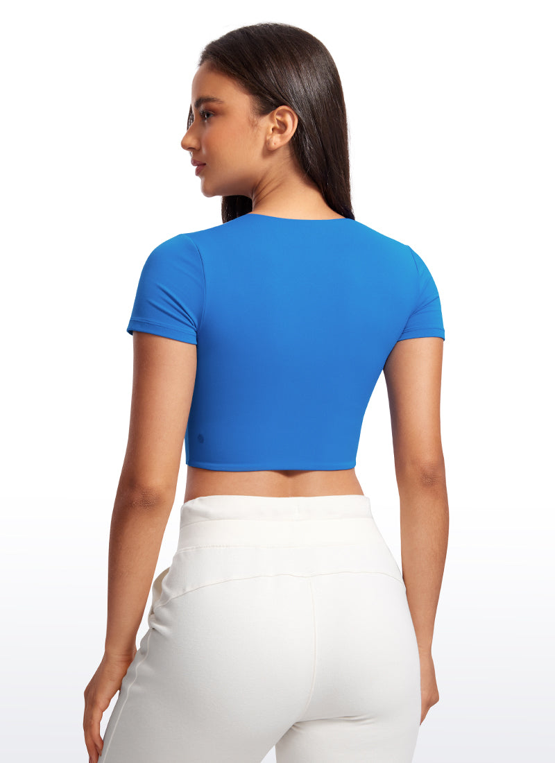 CRZ YOGA レディース ヨガ タイトフィット Butterluxe クロップド半袖 スパークルブルー