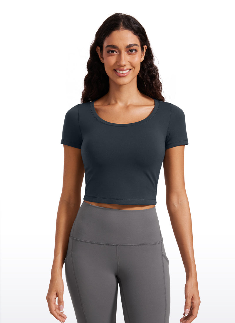 CRZYOGA Áo thun nữ ôm sát, cổ tròn, tay ngắn, màu xanh navy đậm