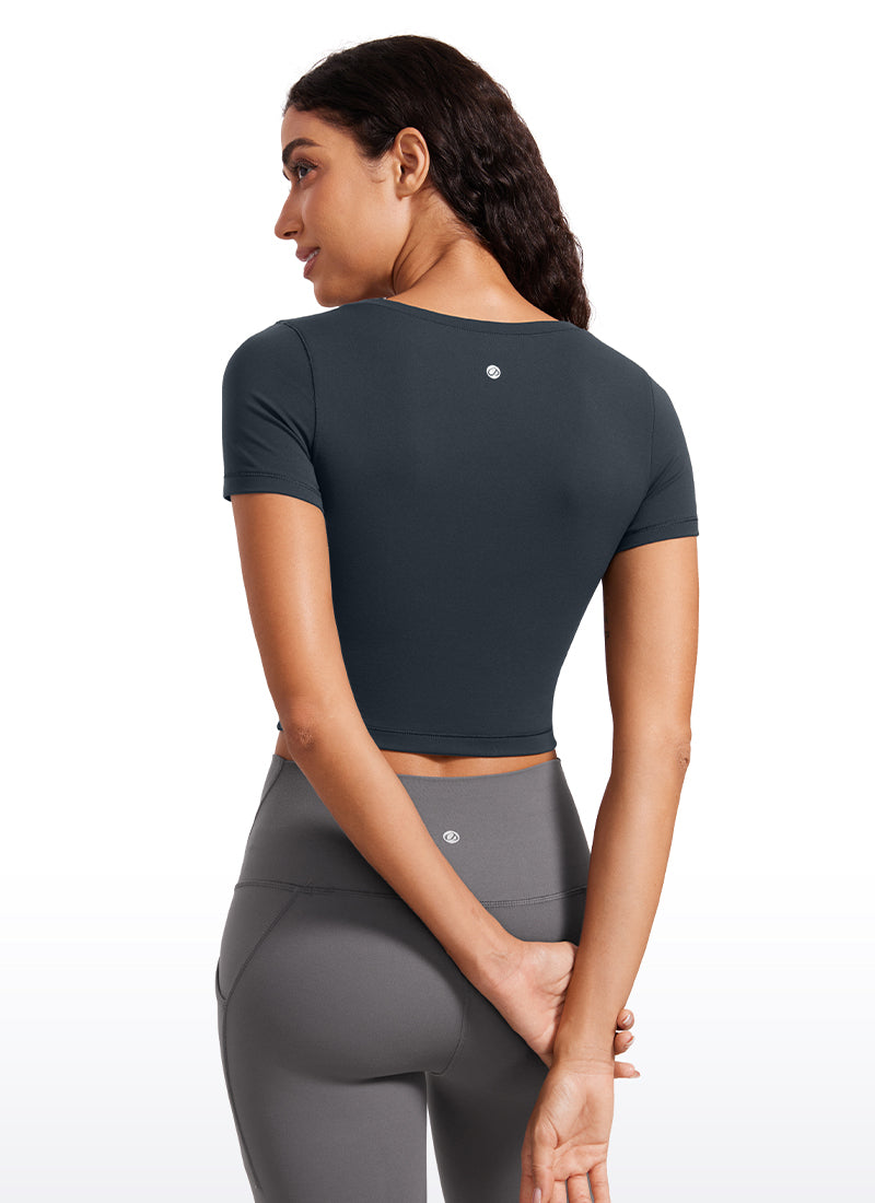 CRZYOGA Áo thun nữ ôm sát, cổ tròn, tay ngắn, màu xanh navy đậm