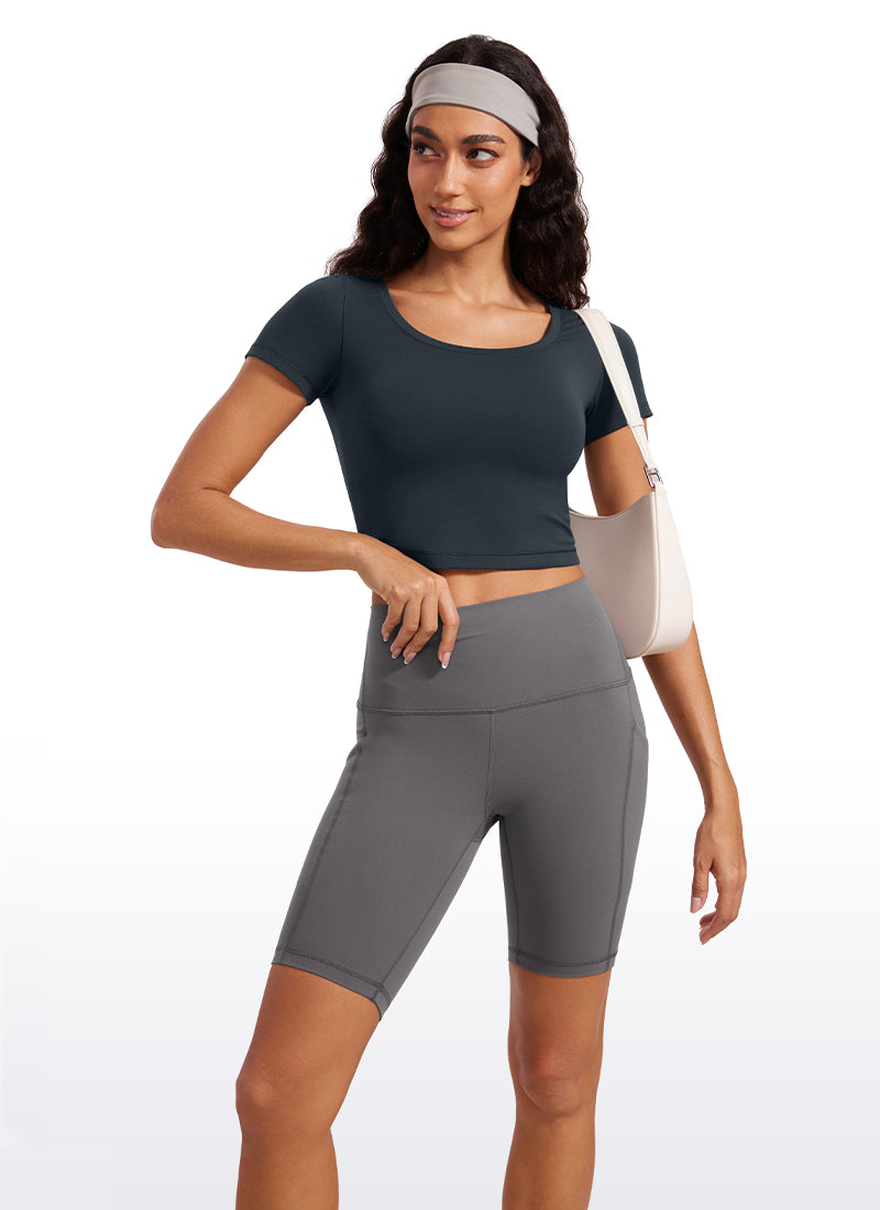CRZYOGA Áo thun nữ ôm sát, cổ tròn, tay ngắn, màu xanh navy đậm