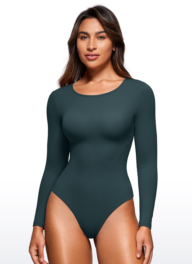 CRZ YOGA Women's Yoga Tight Fit Crew Neck Long Sleeves Bodysuits Forest Dark Green