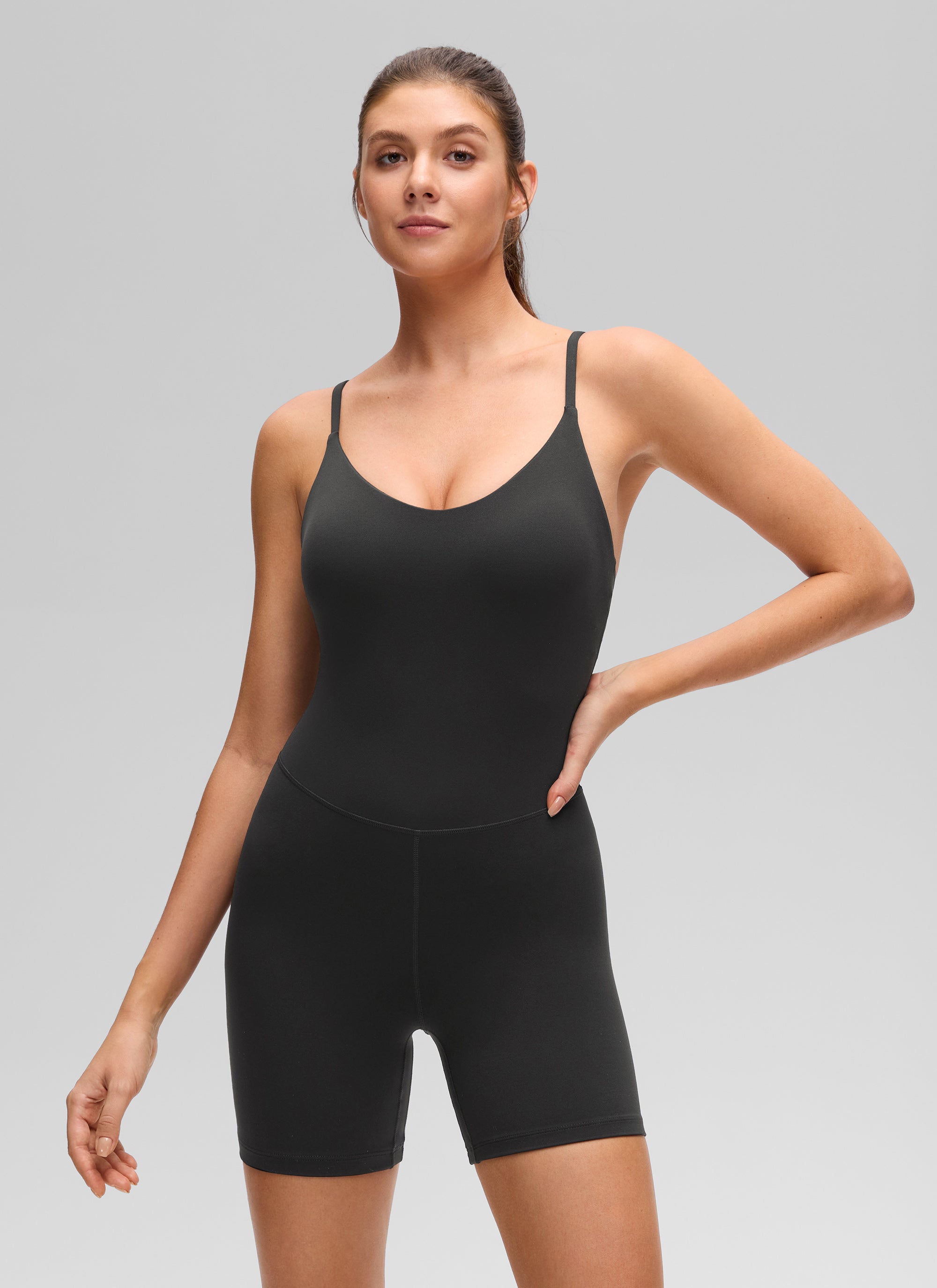 CRZ YOGA Romper Yoga Wanita Butterluxe Leher U Punggung Silang dengan Bra Bawaan Hitam