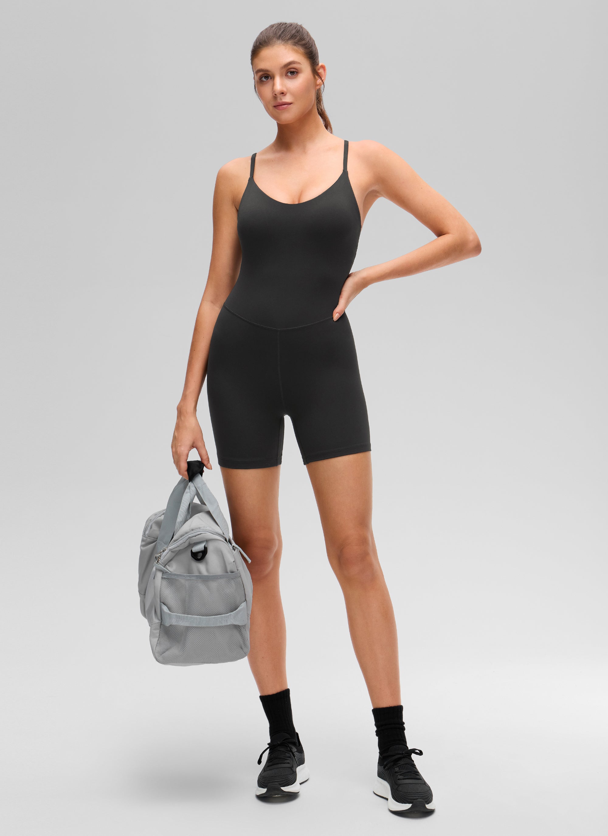 CRZ YOGA Romper Yoga Wanita Butterluxe Leher U Punggung Silang dengan Bra Bawaan Hitam