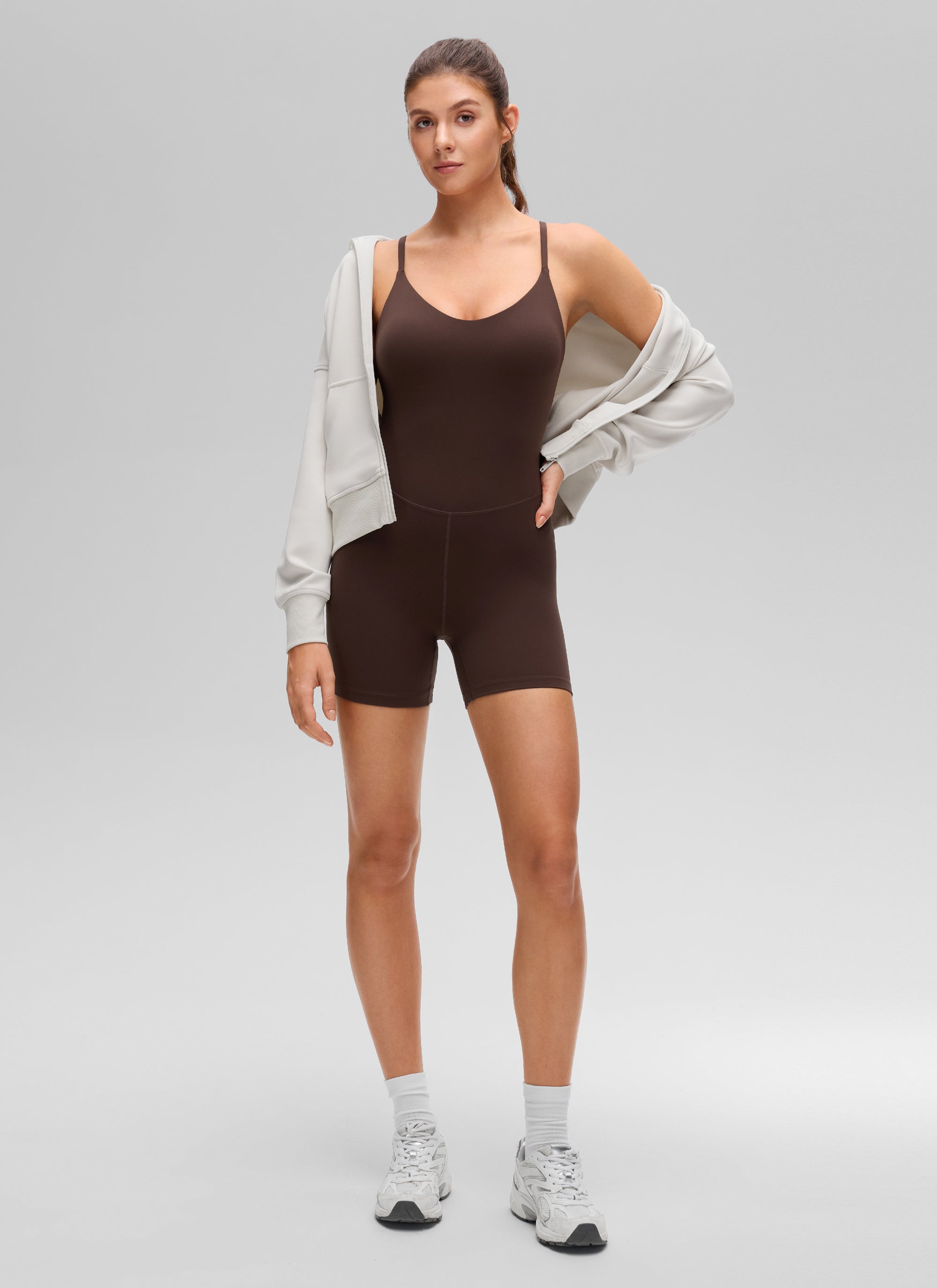 CRZ YOGA Romper Yoga Wanita Butterluxe Leher U Punggung Silang dengan Bra Bawaan Hot Fudge Brown