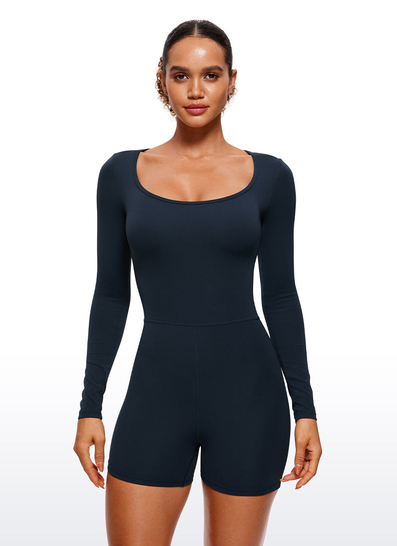 CRZ YOGA - Bộ đồ thể thao nữ kiểu rompers tay dài, cổ tròn, phong cách yoga thường ngày, màu xanh navy đậm