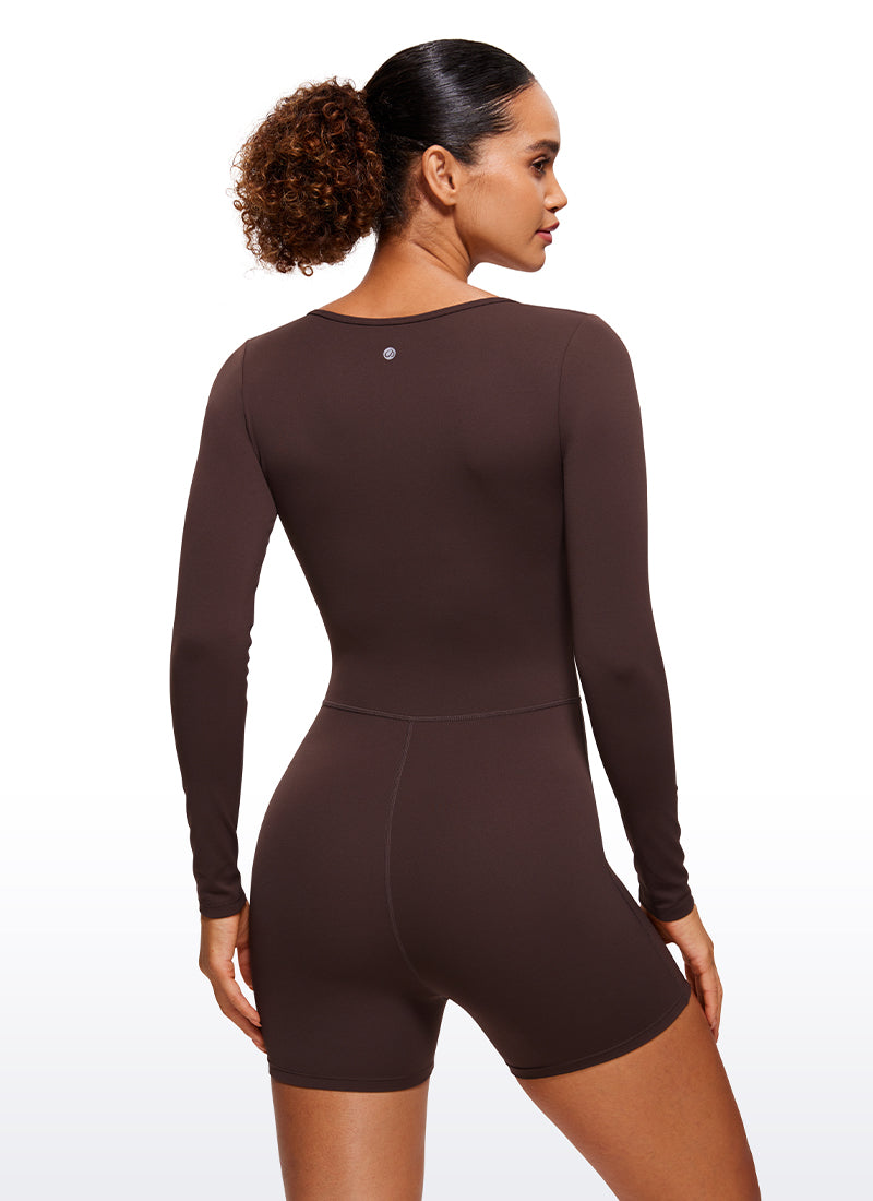 CRZ YOGA - Bộ đồ thể thao nữ kiểu rompers tay dài, cổ tròn, phong cách yoga thường ngày, màu nâu sô-cô-la nóng