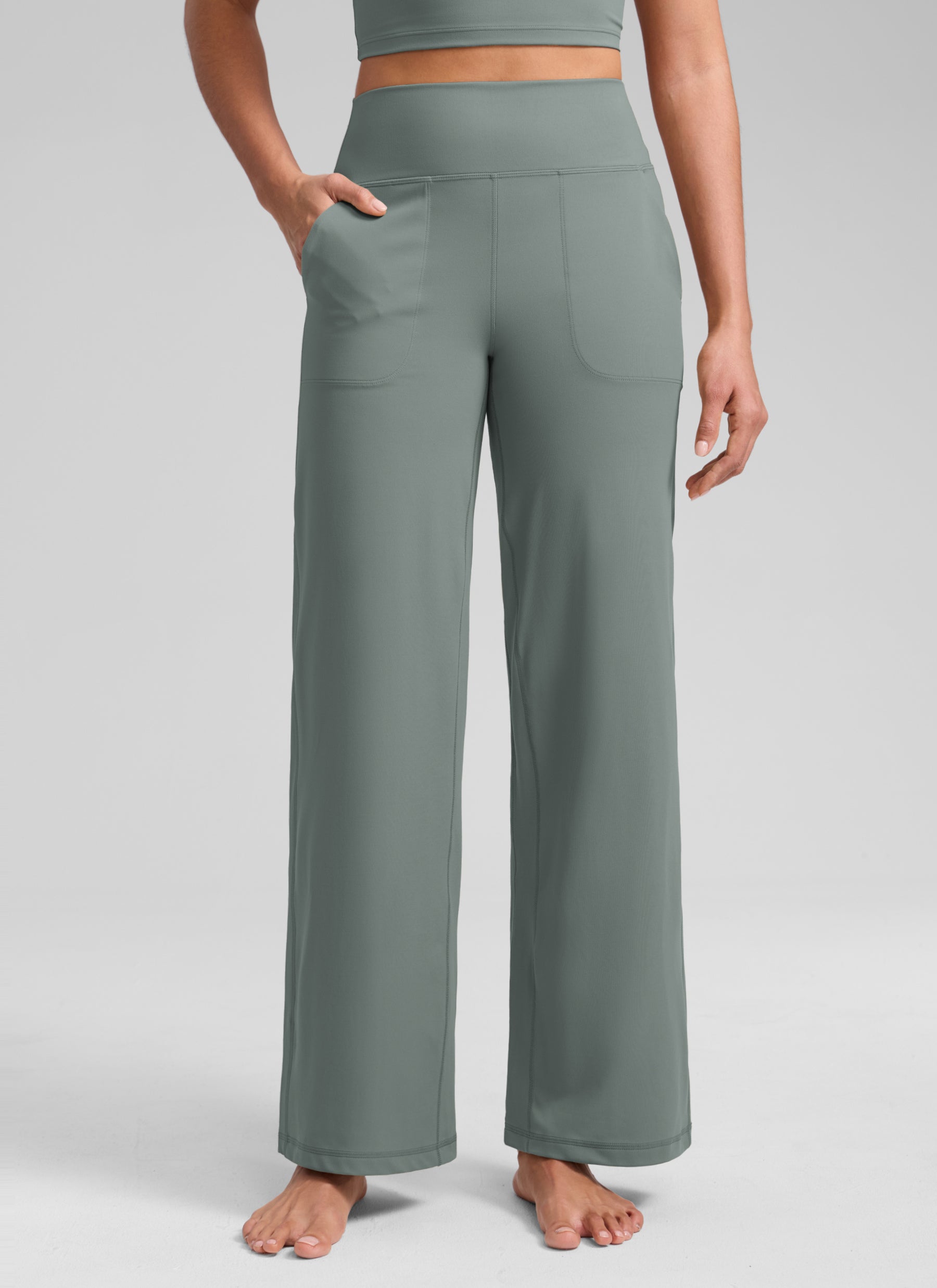 CRZ YOGA Women's Butterlift High Waisted Wide Leg Pants with Pockets Grey Sage @model_info:S1