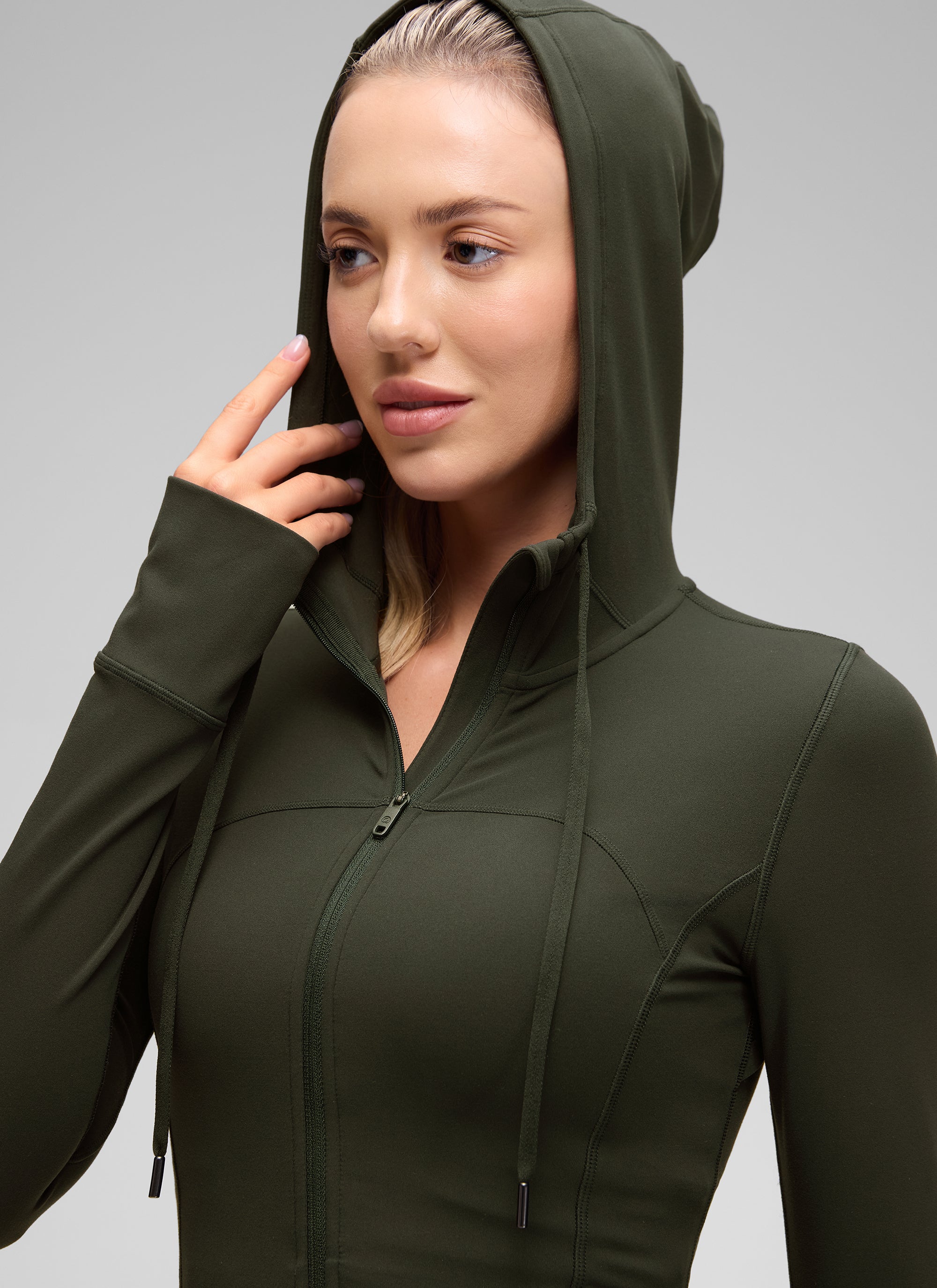 Jaket Berhud Zip Penuh Poket Potongan Langsing Butterluxe Wanita CRZ YOGA Hijau Zaitun