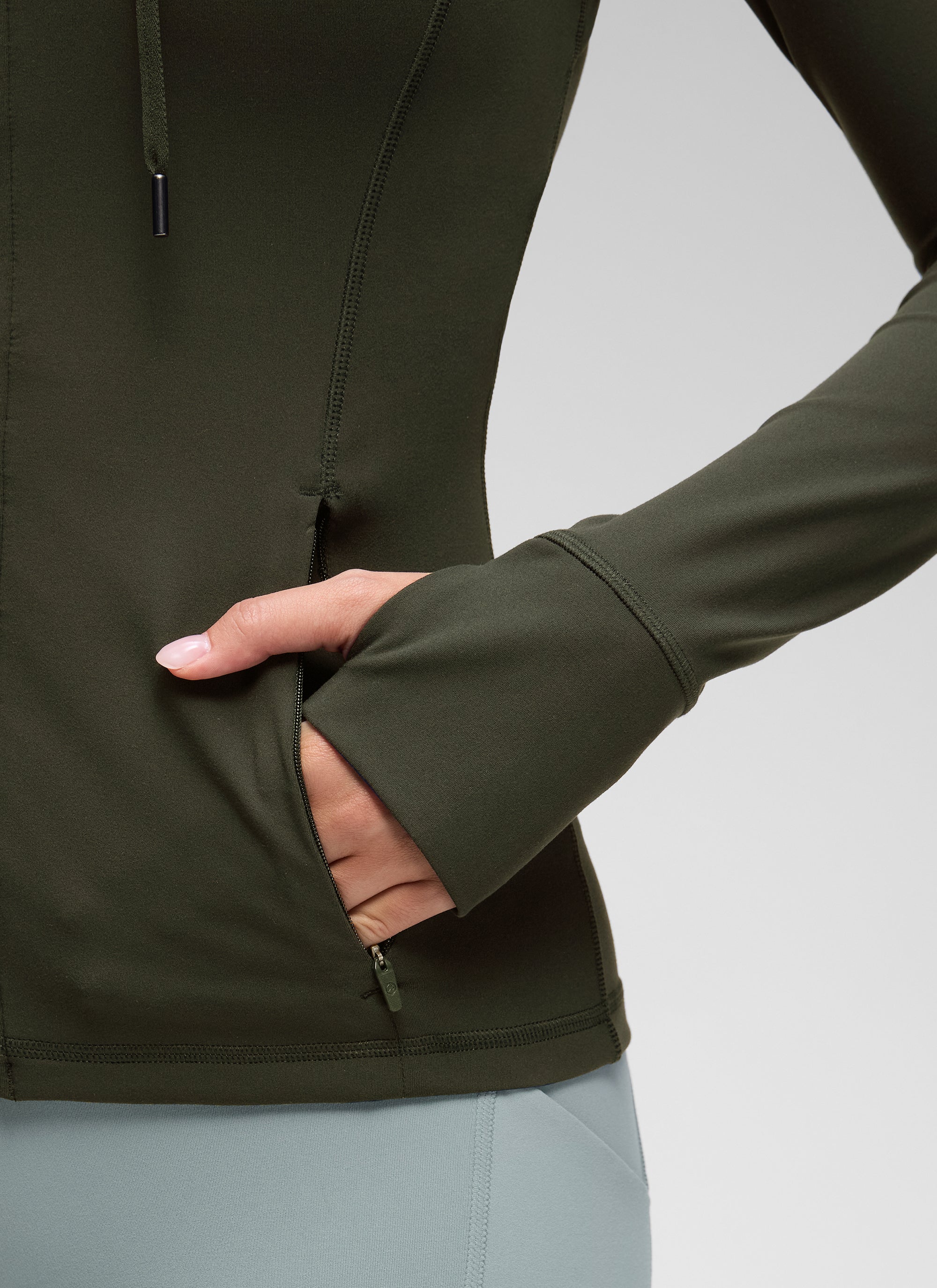 Jaket Berhud Zip Penuh Poket Potongan Langsing Butterluxe Wanita CRZ YOGA Hijau Zaitun