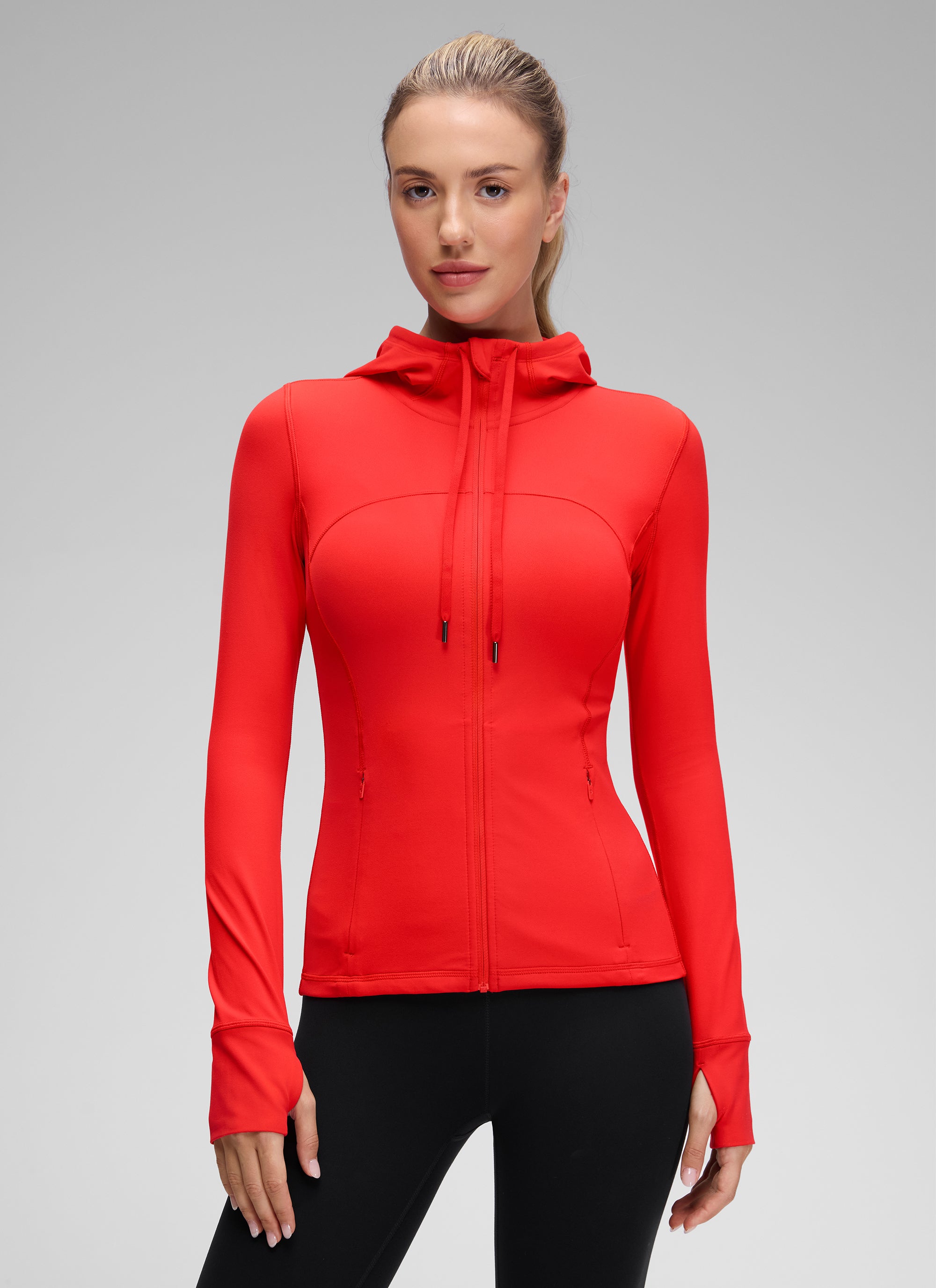 CRZ YOGA Jaket Hoodie Wanita dengan Resleting Penuh, Potongan Slim Fit, Kantong, dan Motif " Butterluxe ", Warna Merah Tua