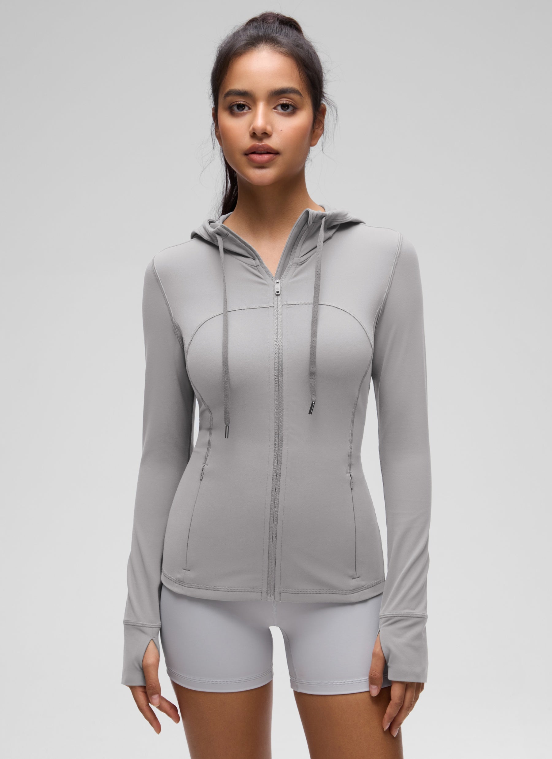 Jaket Berhud Zip Penuh Poket Potongan Langsing Butterluxe Wanita CRZ YOGA Kelabu Gull